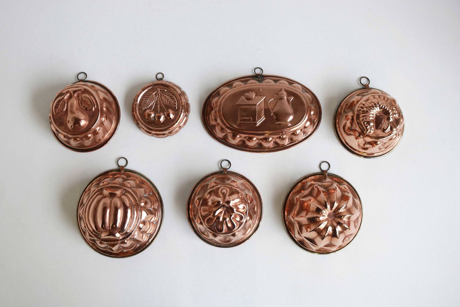 Seven Magnificent Pieces Cake Jelly Pudding Chocolate Molds French 19th Century Country Kitchen Copper Ware Wall Hanging Decor Farmhouse