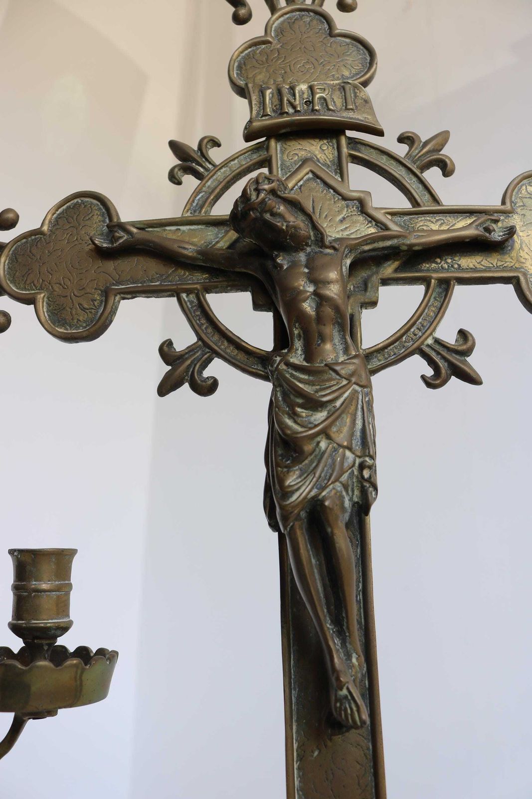 Antique French Church Altar Set – Brass Crucifix & Candelabras – Three Piece Religious Decor  Fleur De Lis 1900s photo Home Decor