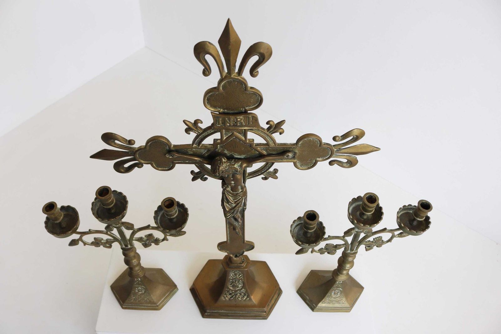 Antique French Church Altar Set – Brass Crucifix & Candelabras – Three Piece Religious Decor  Fleur De Lis 1900s photo 831.0