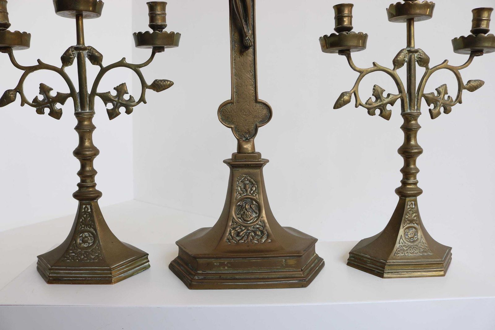 Antique French Church Altar Set – Brass Crucifix & Candelabras – Three Piece Religious Decor  Fleur De Lis 1900s photo vinterior
