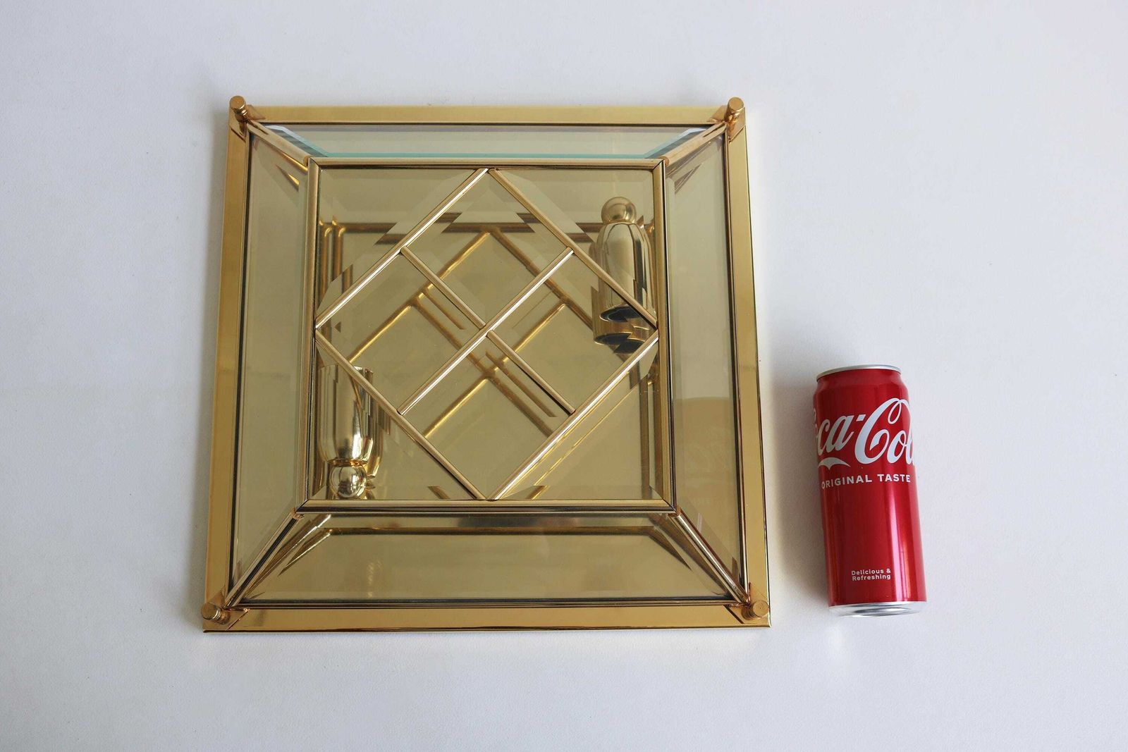 Mid Century Modernist Square Flush Mount Wall Mounted Chandelier Brass And Glass Gold Plated Faceted Glass Sconce 1980s photo vinterior