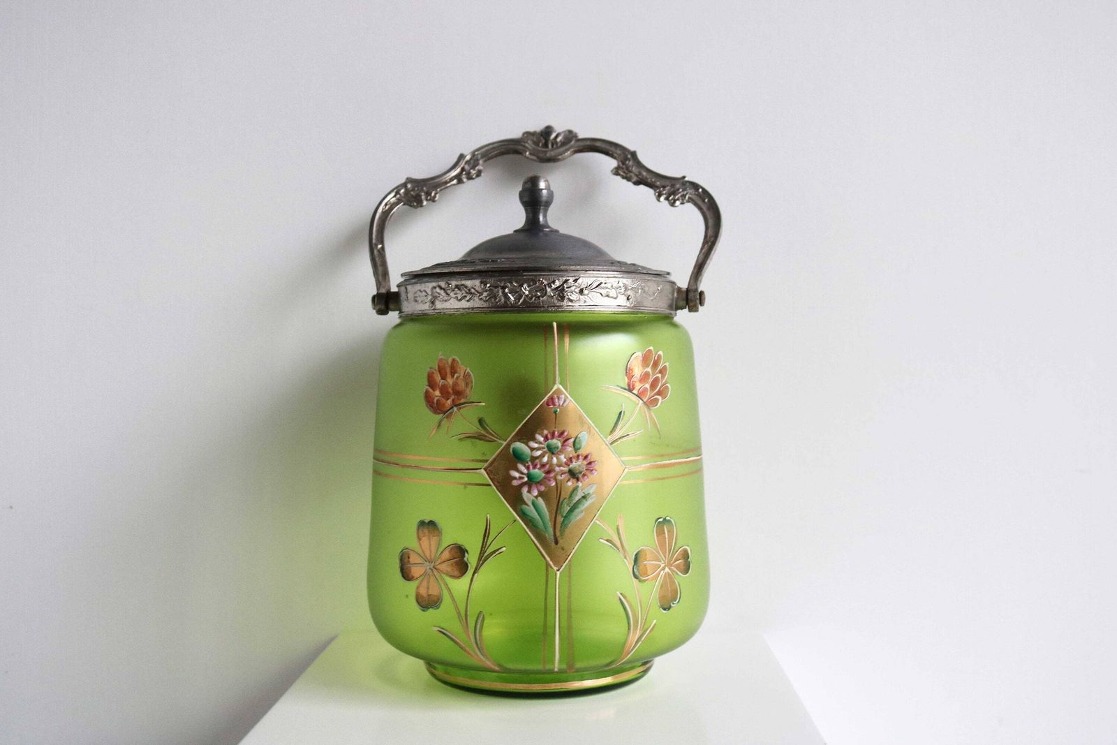 Antique Floral Hand Painted Enameled Green Glass Biscuit Box Art Nouveau Cookie Jar Jugendstil Candy Jar Biscuit Barrel France 1900s