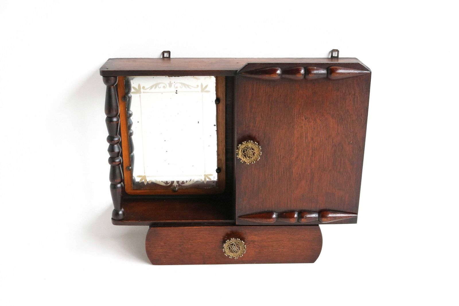 Vintage Art Deco Houten Medicijnkastje – Badkamer  En Keukenkast Met Spiegel, Lade En Sleutelkastje