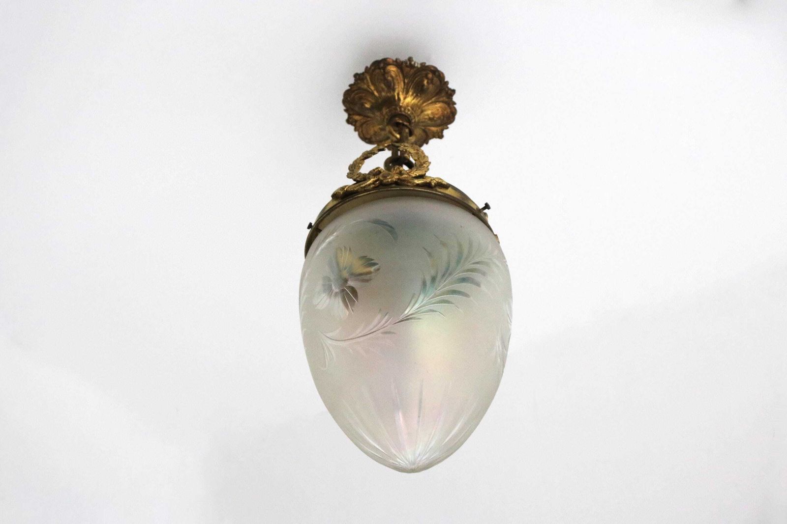 Antique French Hanging Lamp In Gilded Brass And Frosted Etched Glass Art Nouveau Teardrop Shape Pendant Light Lantern Ca. 1910