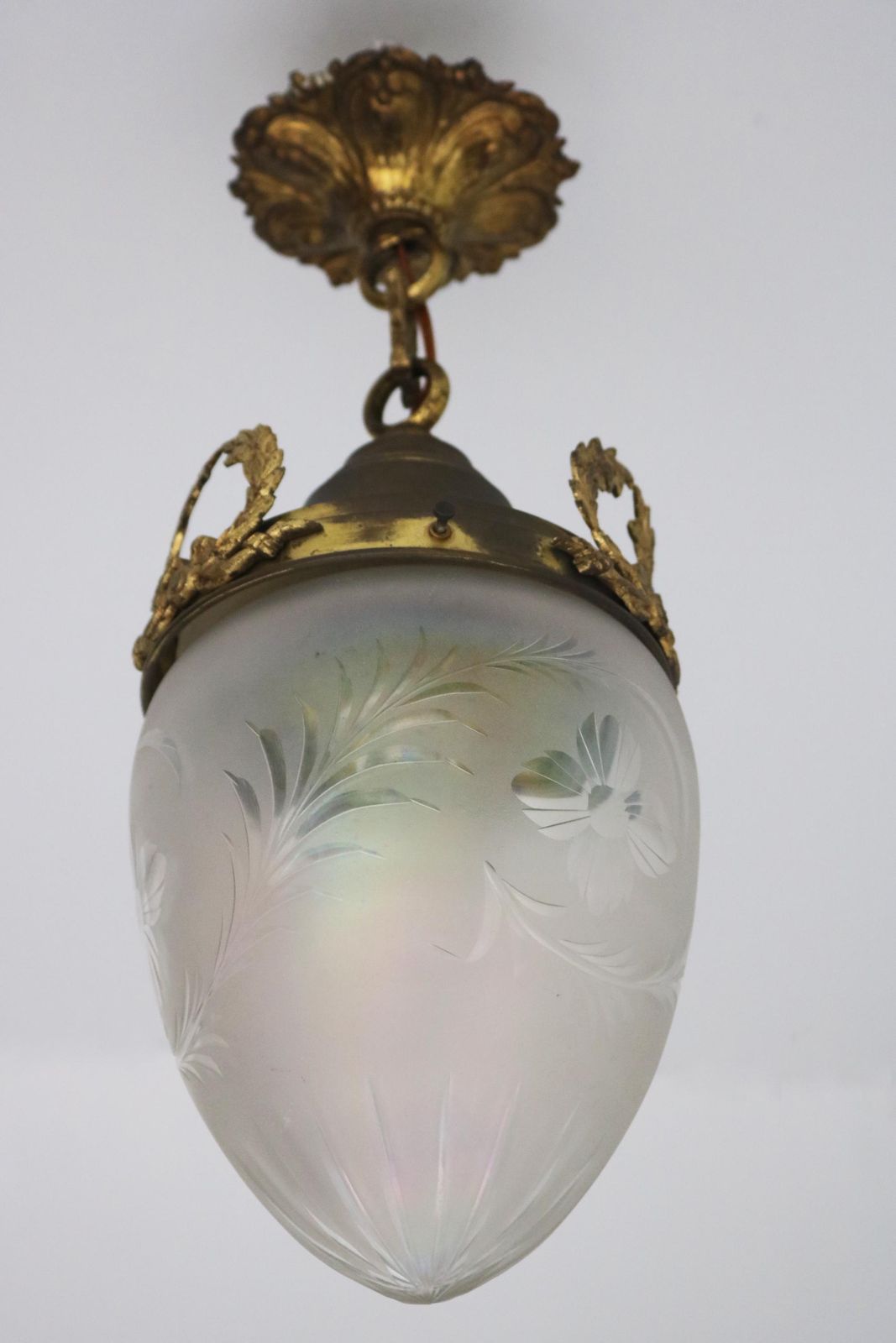 Antique French Hanging Lamp In Gilded Brass And Frosted Etched Glass Art Nouveau Teardrop Shape Pendant Light Lantern Ca. 1910 photo Lighting
