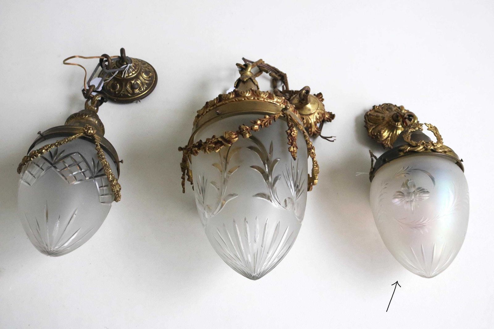 photo for sale Antique French Hanging Lamp In Gilded Brass And Frosted Etched Glass Art Nouveau Teardrop Shape Pendant Light Lantern Ca. 1910