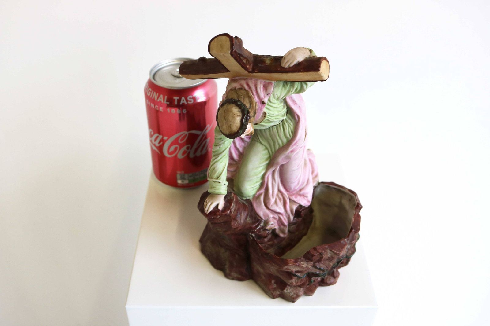 photo for sale Bisque Holy Water Font Jesus With Cross For Table Top Germany Antique 19th Century Figurine Christ Carrying Cross Religious 1900s