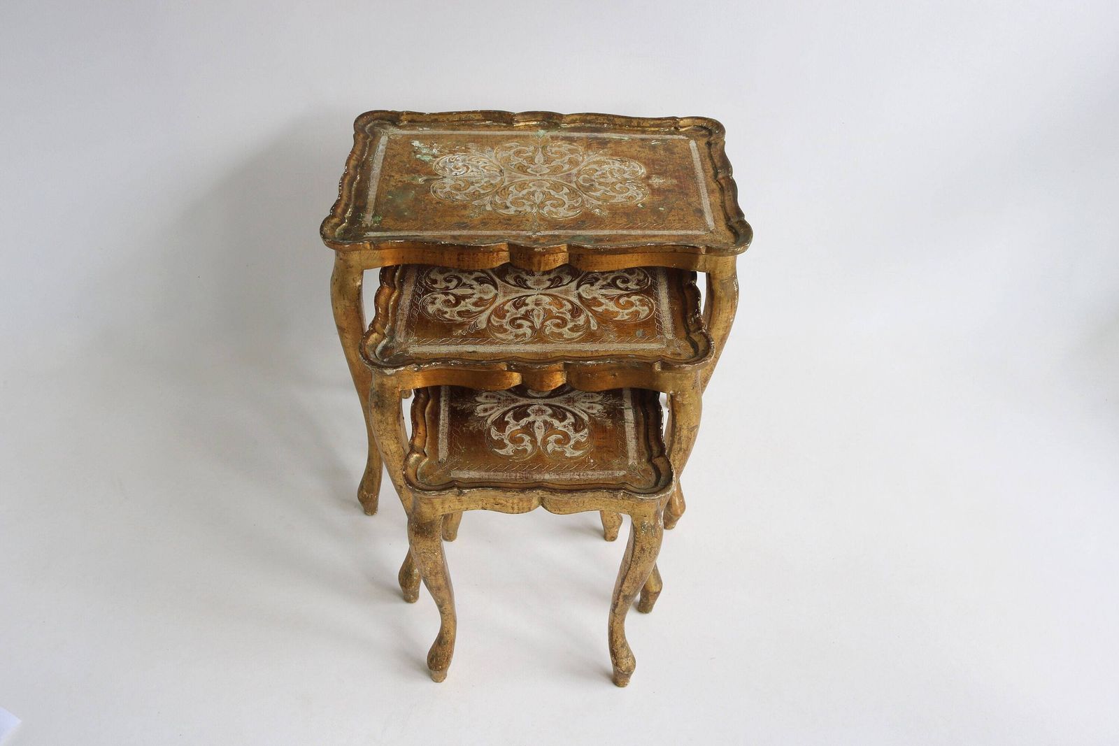Set Of Three Italian Florentine Gold Hollywood Regency Wood Stacking Nesting Tables Additional Tables Side Tables Set Tables 1960s