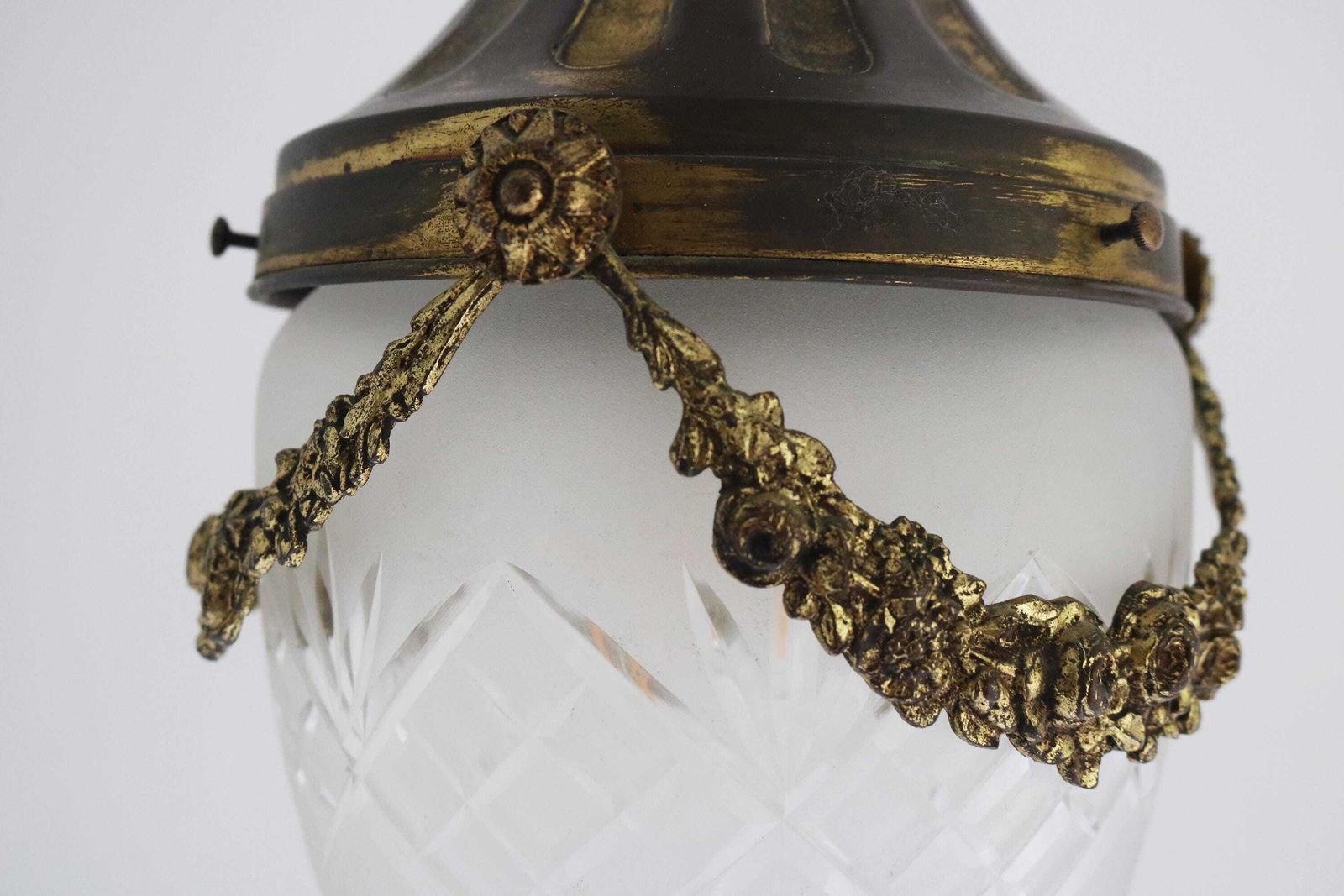 Antique French Hanging Lamp In Gilded Brass And Frosted Etched Glass Art Nouveau Teardrop Shape Ceiling Lamp ,1900 1910 photo 831.0