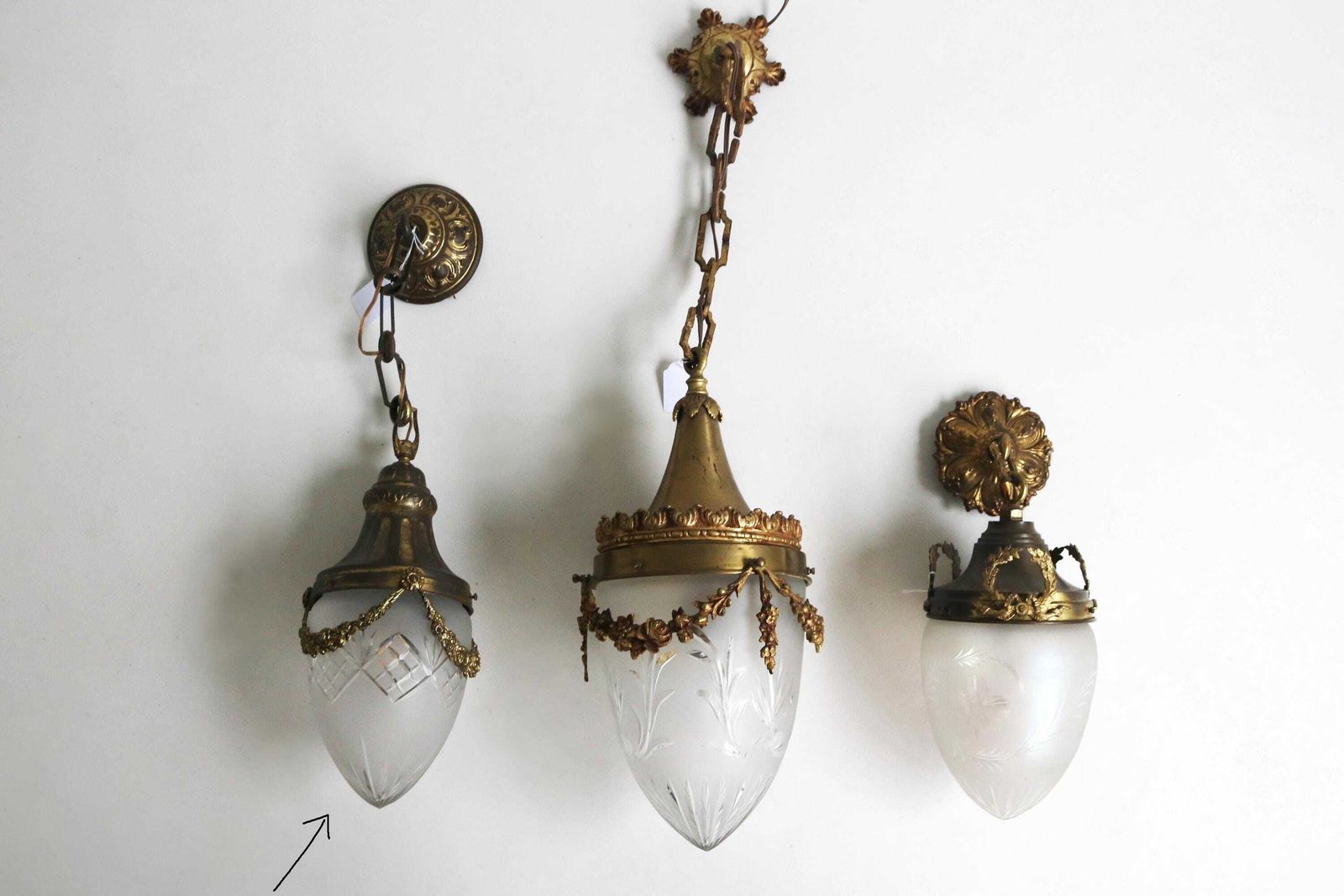 photo for sale Antique French Hanging Lamp In Gilded Brass And Frosted Etched Glass Art Nouveau Teardrop Shape Ceiling Lamp ,1900 1910