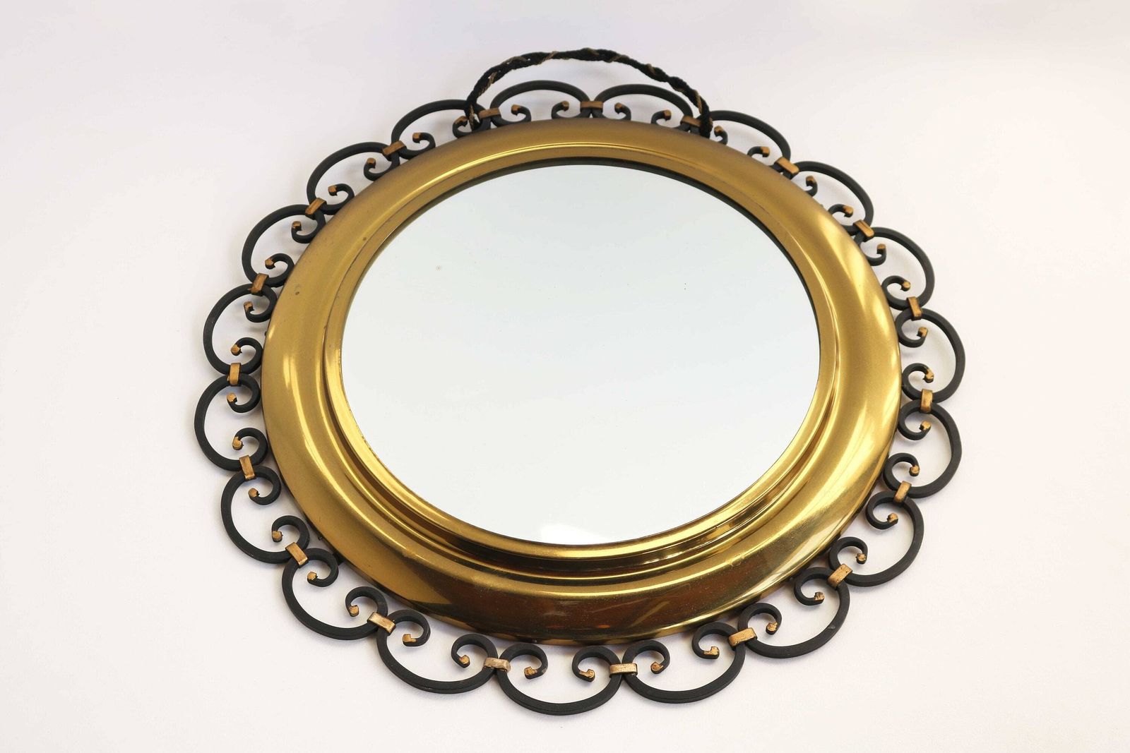 Vintage Round Shape Wrought Iron And Brass Wall Mirror Black And Golden Accents French Hall Mirror Regency Style Entry Hall Mirror 1960s