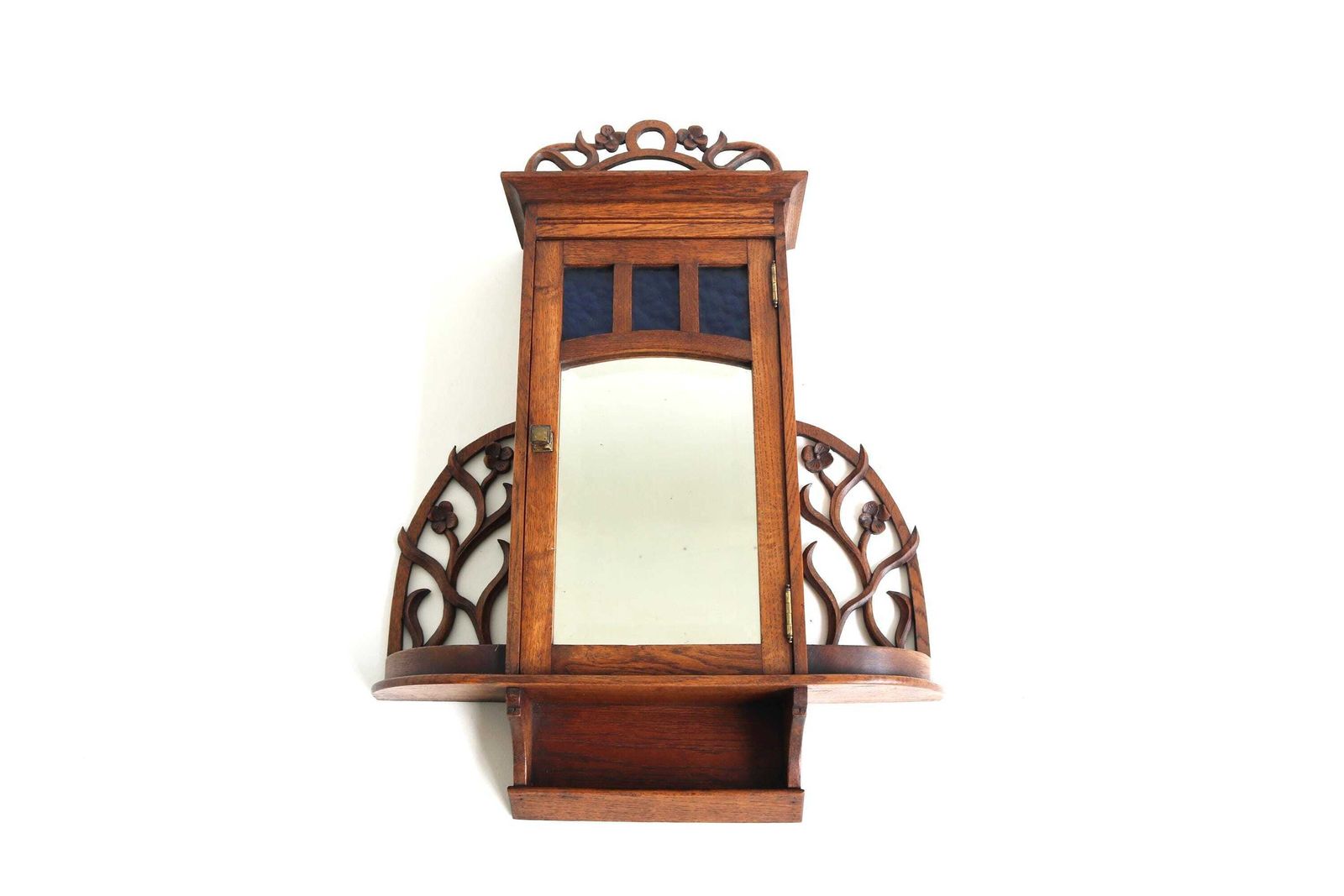 French Antique Art Nouveau Wall Cabinet / Medicine Cabinet Beveled Mirror Blue Glass Floral Carved Oak Apothecary Key Cabinet 1900  1910 photo furniture
