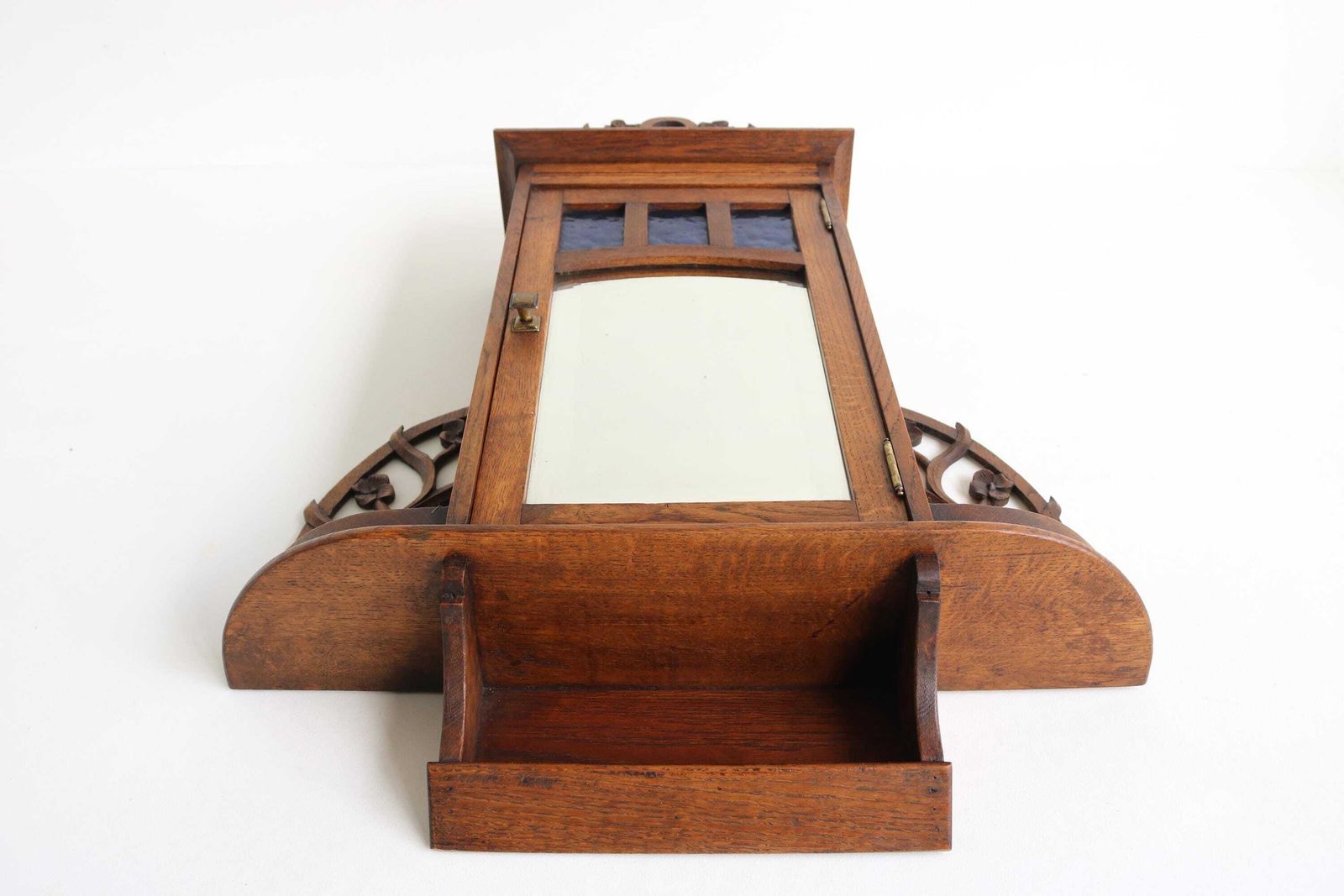 French Antique Art Nouveau Wall Cabinet / Medicine Cabinet Beveled Mirror Blue Glass Floral Carved Oak Apothecary Key Cabinet 1900  1910 photo buy