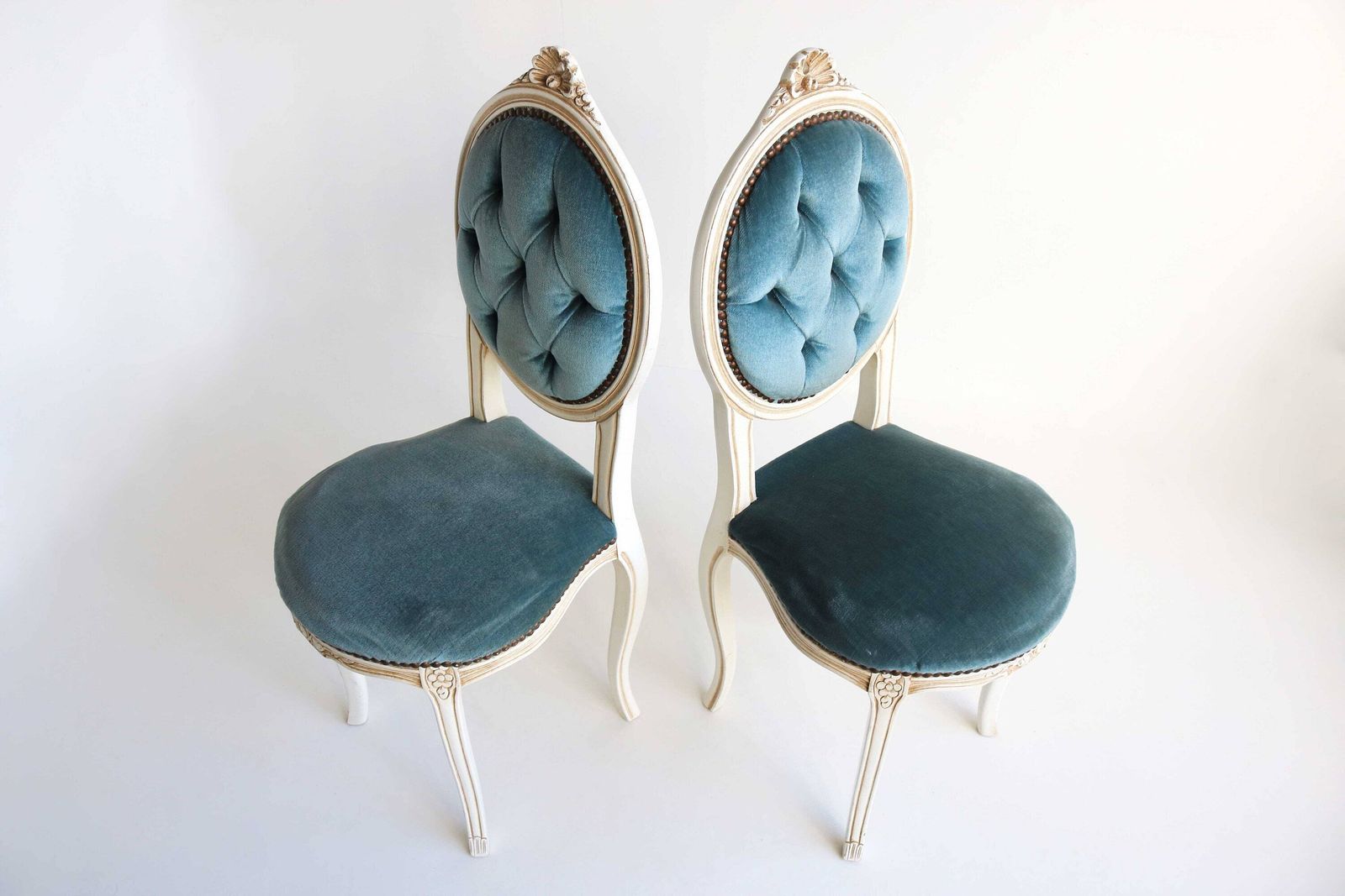Lovely Italian 1960s Chairs Blue Velvet Small Vanity Chairs Two Hand Carved Dining Chairs Regency Baroque Antique Style Side Chairs Louis XV photo for sale