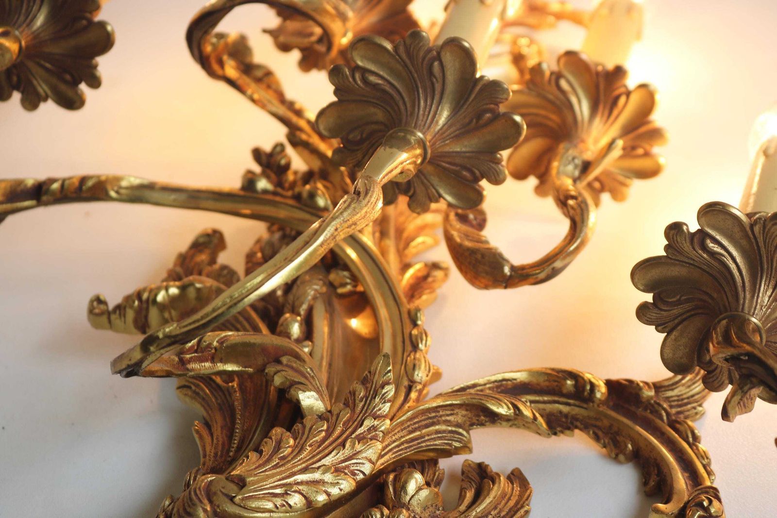 Couple Monumental French Gilt Brass Wall Sconces Appliques Pair Of French Louis XV Style Wall Lamps Antique Style Wall Lights Chateau 1960s photo Lighting