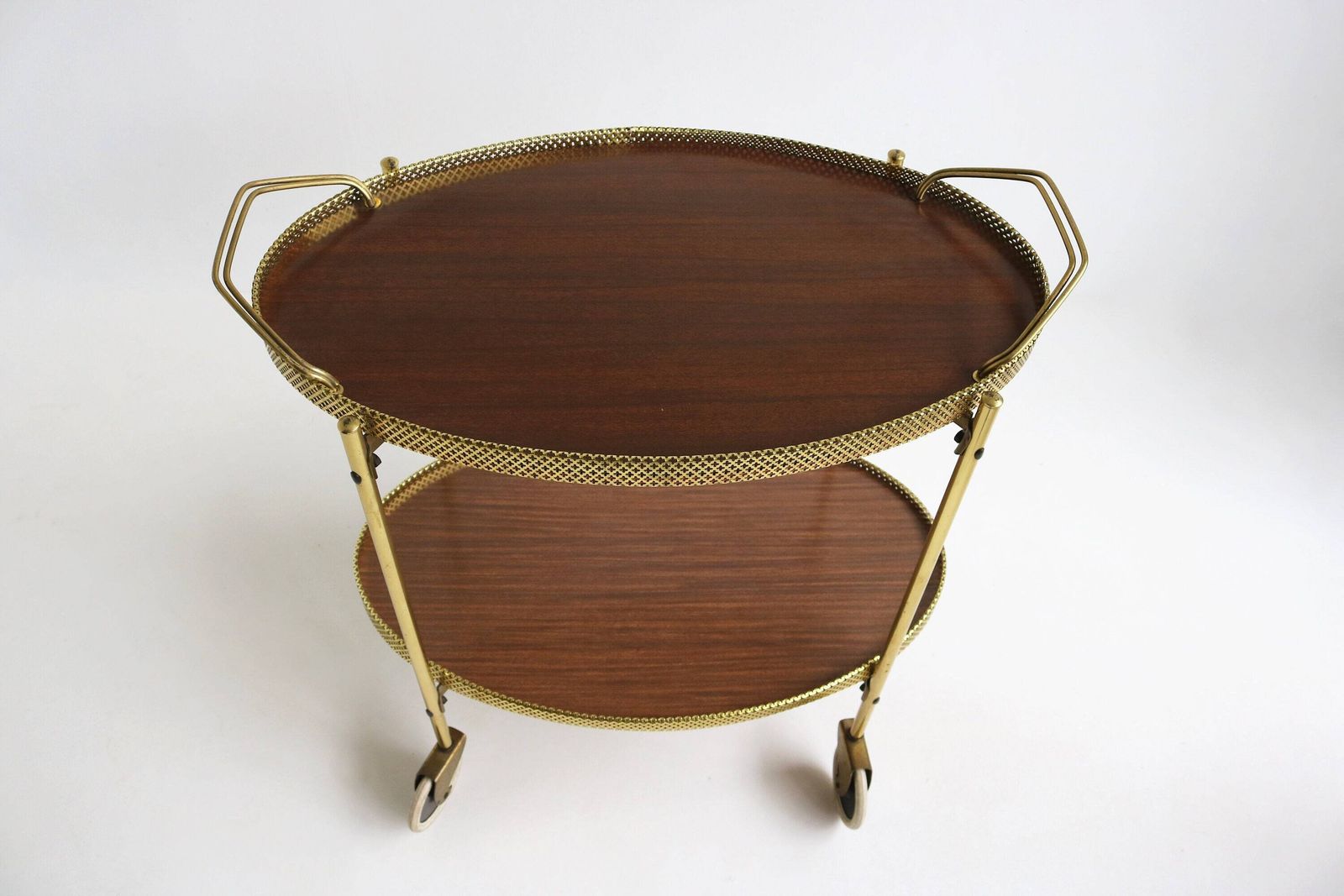 Ovale Mid Century Barcart Serveertrolley Cocktailkar Theekar Drankenkar Italiaans Hollywood Regency 1960 Vintage Flessenhouder Messing Bijzettafel