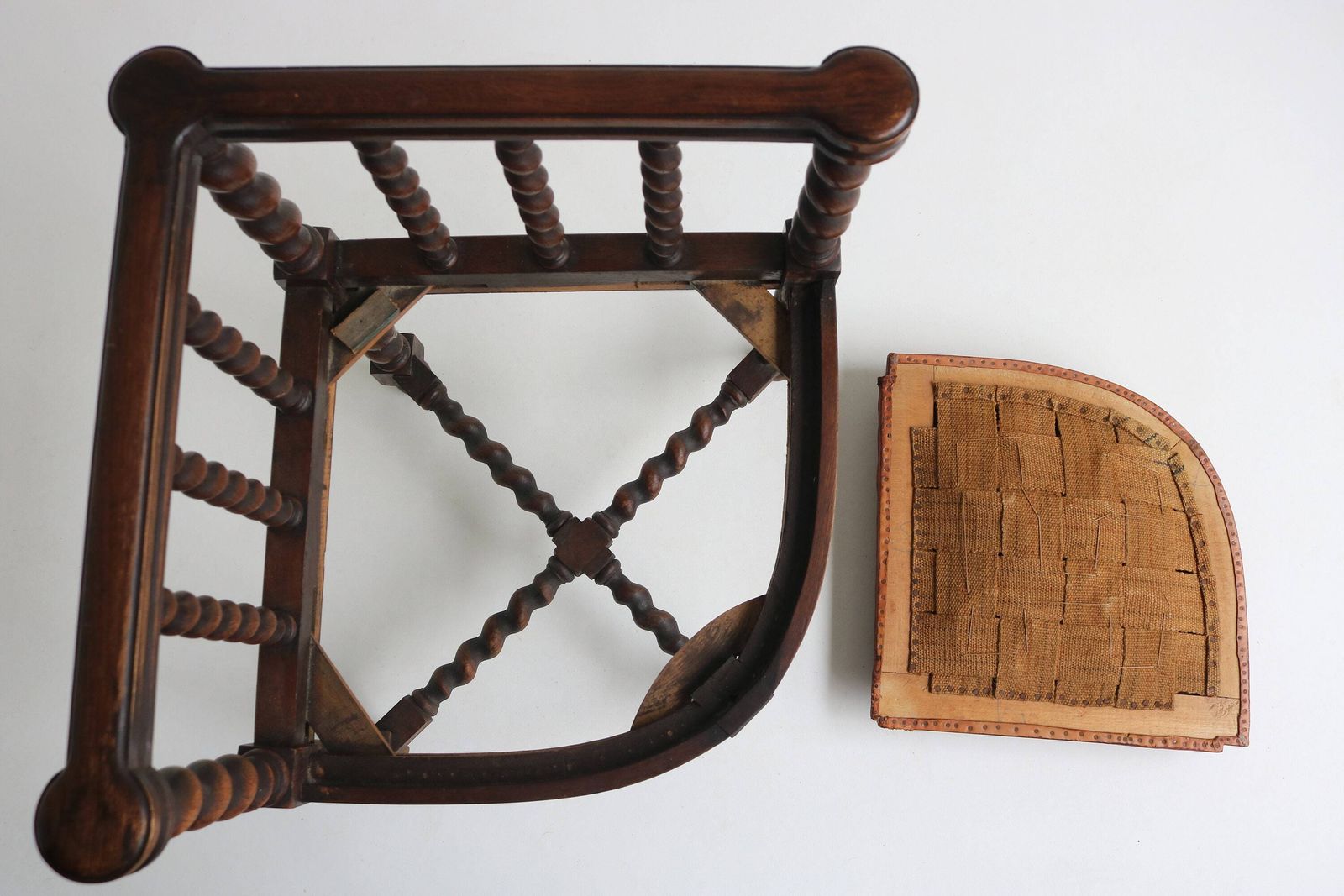 photo for sale Antique Rustic Wooden Corner Chair Barley Twist Knitting Chair Englisch Side Chair Leather Seat Fireside Chair Farmhouse Cottage Provincial