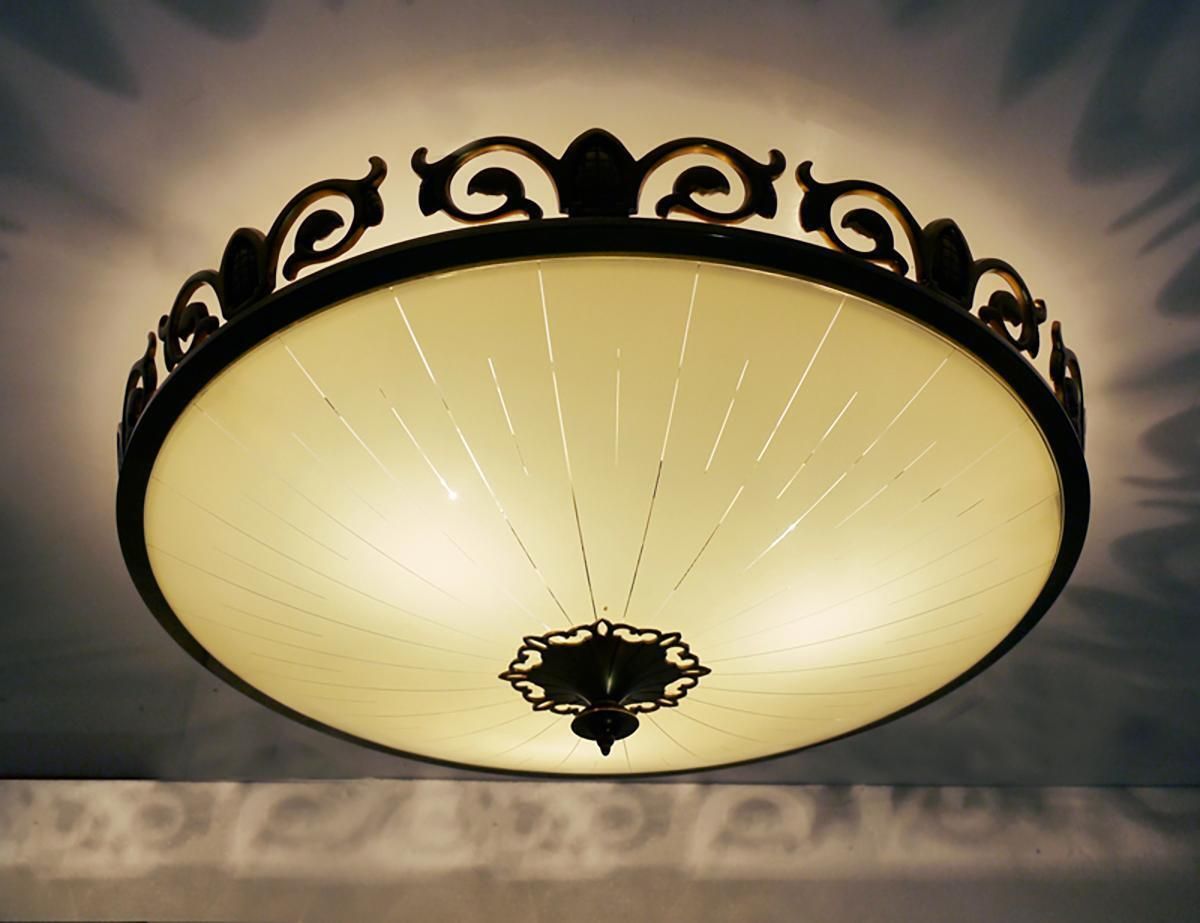 Art Nouveau / Art Deco Flush Mount Chandelier Glass & Brass By Kaiser 1930s photo furniture