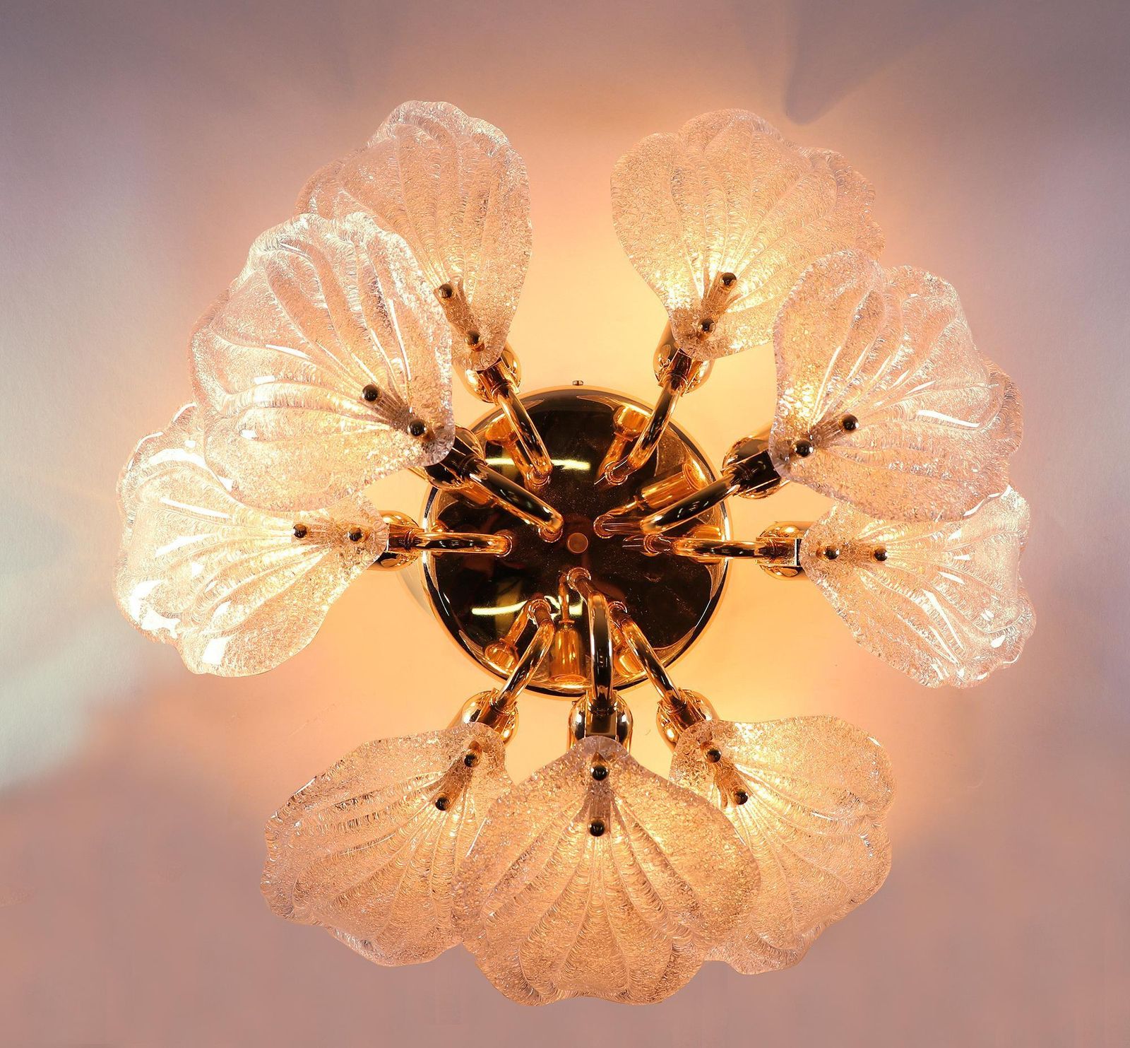 1 'Of 2' Leaf Flush Mount Chandelier Murano Glass & Brass By Novaresi Italy 1970 photo 2087.0