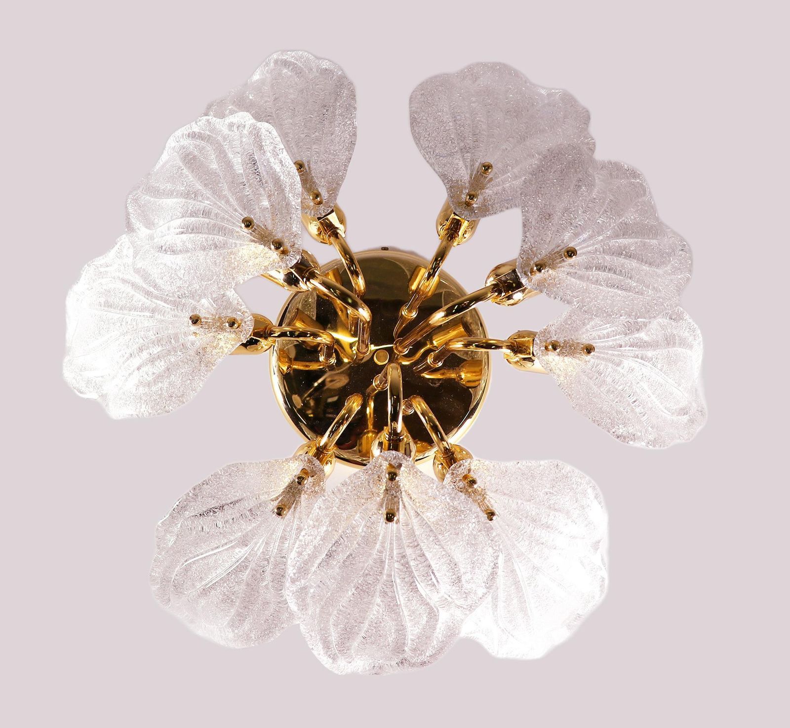 1 'Of 2' Leaf Flush Mount Chandelier Murano Glass & Brass By Novaresi Italy 1970 photo vinterior
