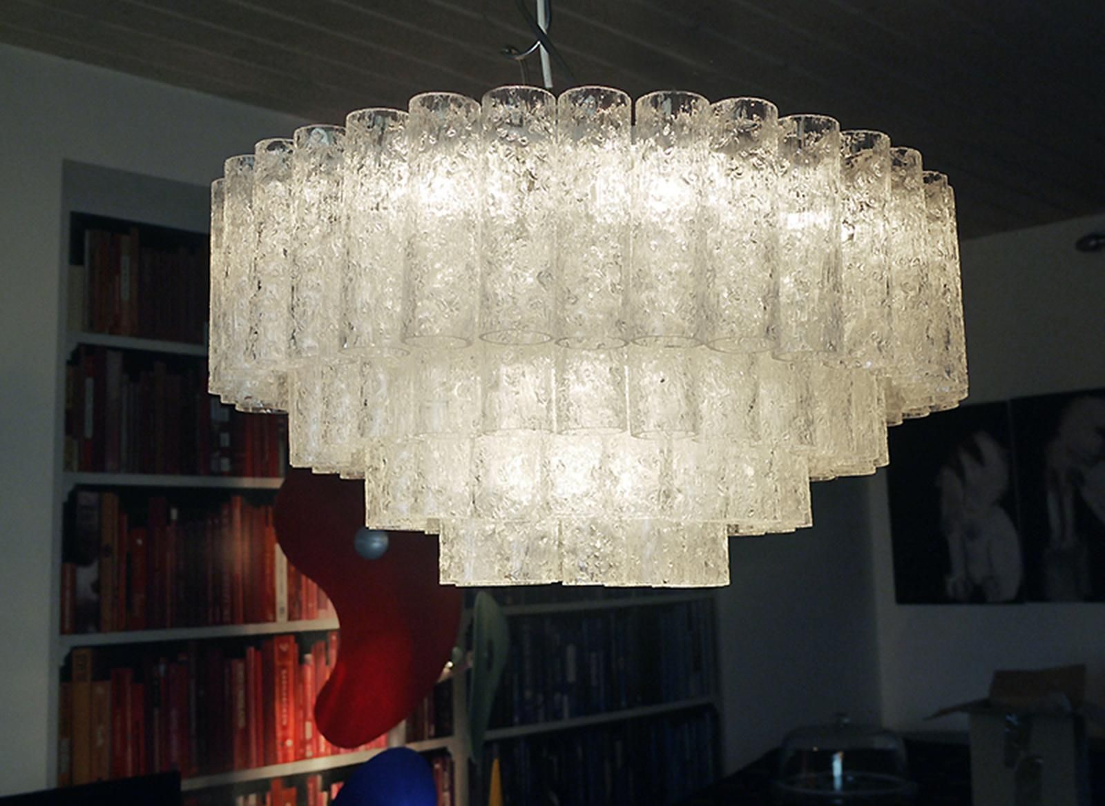 1 'Of 3' Cascading Doria 20" Murano Four Tier Flush Mount Ice Glass Tubes, 1960s photo vinterior