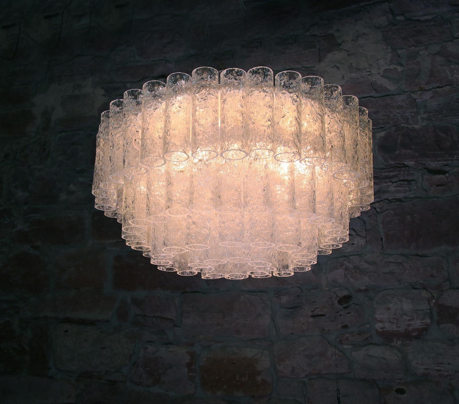 1 'Of 3' Cascading Doria 20" Murano Four Tier Flush Mount Ice Glass Tubes, 1960s photo vintage