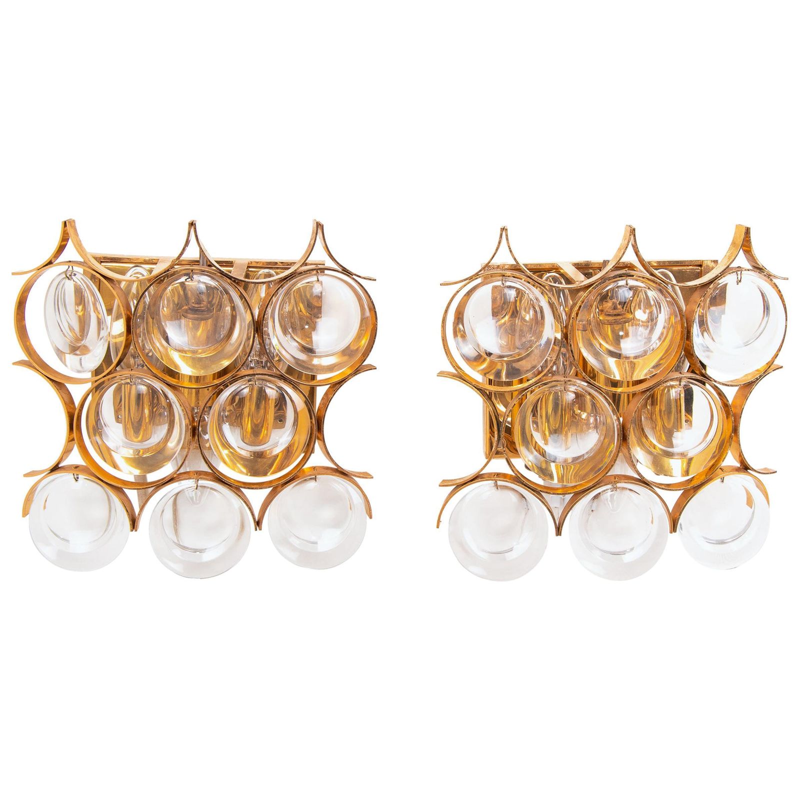 Pair Of Palwa Wall Sconces Gold Plated  Brass & Crystal Glass, 1960s