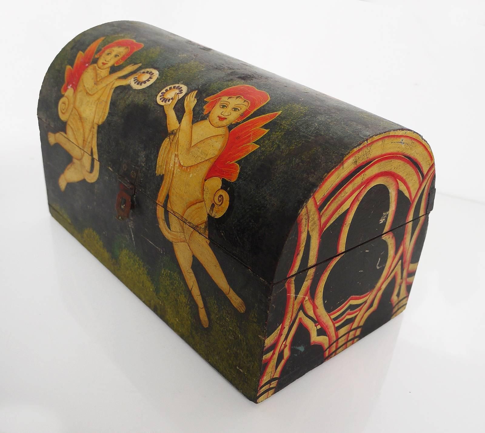 European 19th Century Painted Wooden Dome Top Box Folk Art photo furniture