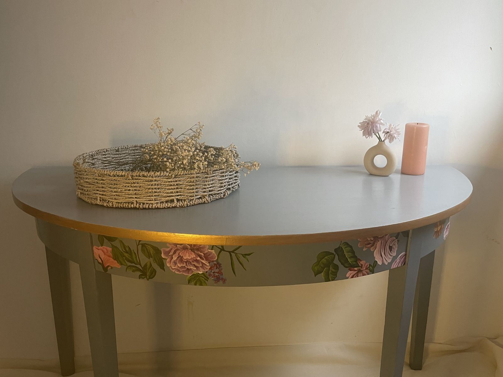 Hand Painted   Unique Half Moon   Accent Table   Elegant Floral Designs And A Rich Gold Trim On A Light Blue Background photo for sale