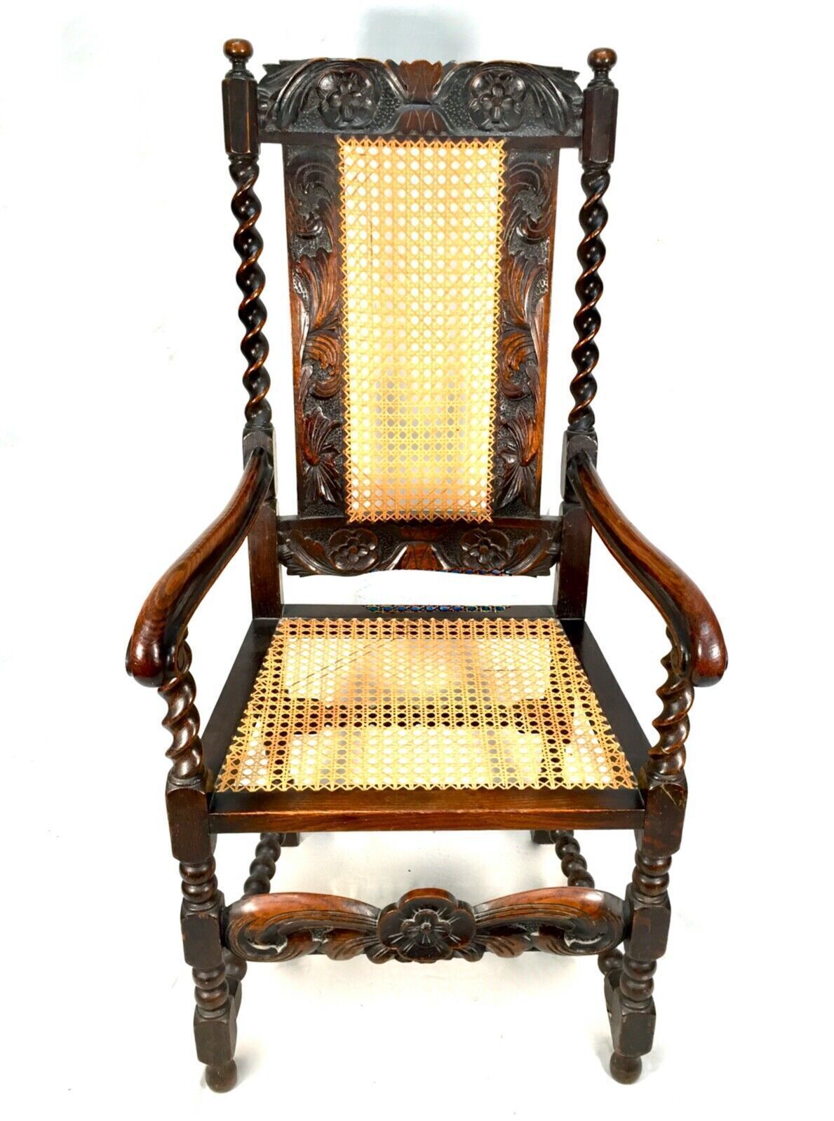 Antique 18th Century Furniture Wooden Oak Carved Arm Chair With Cane Back & Seat photo furniture
