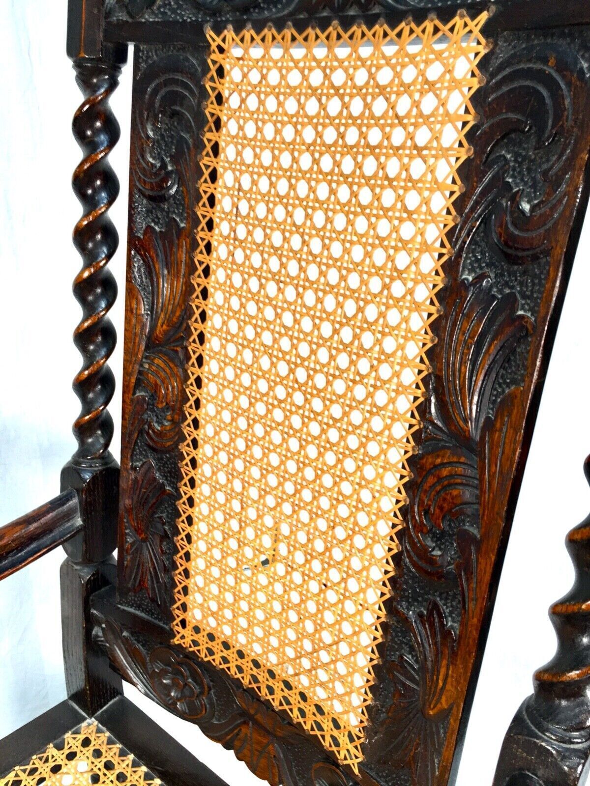 photo furniture Antique 18th Century Furniture Wooden Oak Carved Arm Chair With Cane Back & Seat