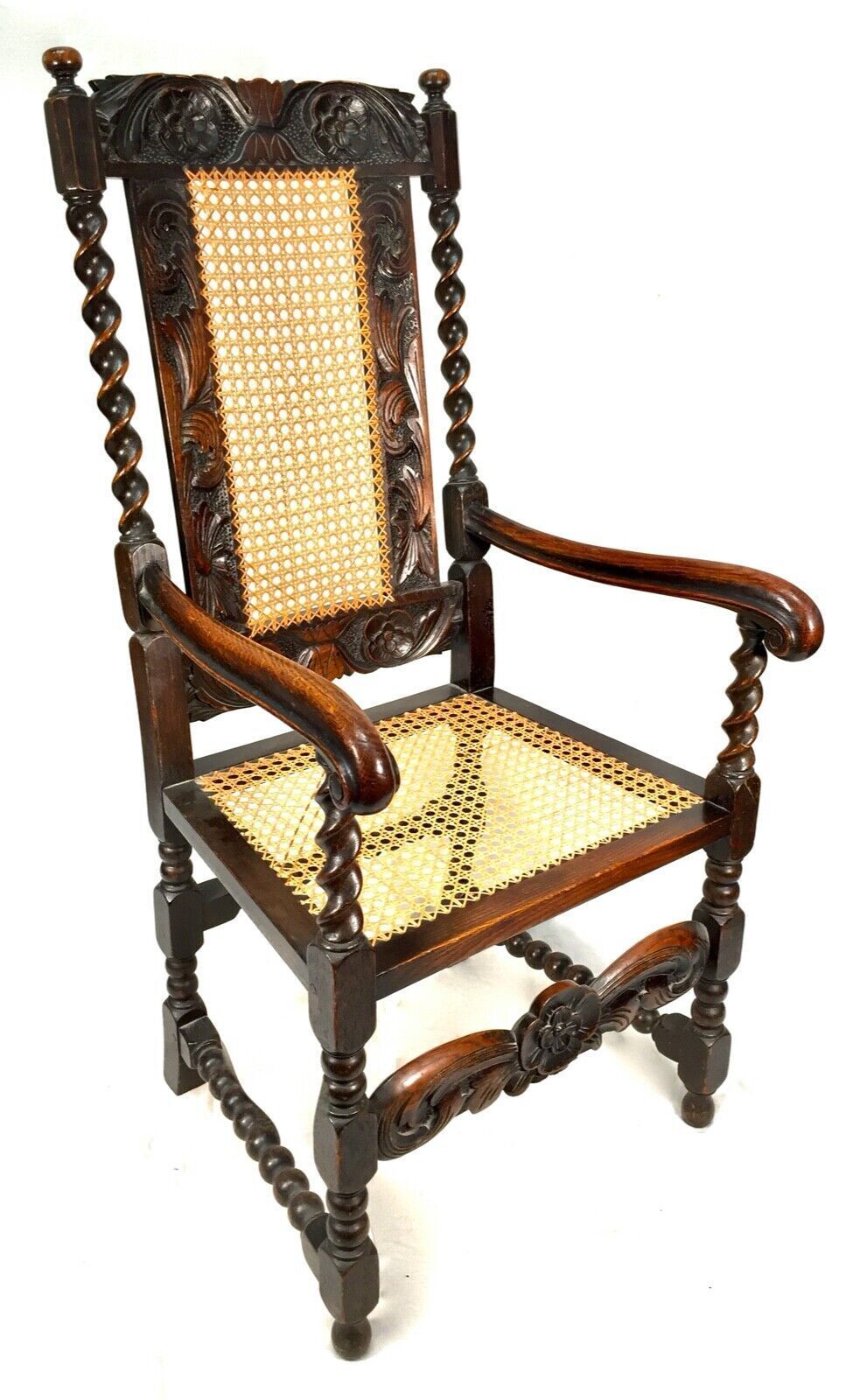 photo for sale Antique 18th Century Furniture Wooden Oak Carved Arm Chair With Cane Back & Seat