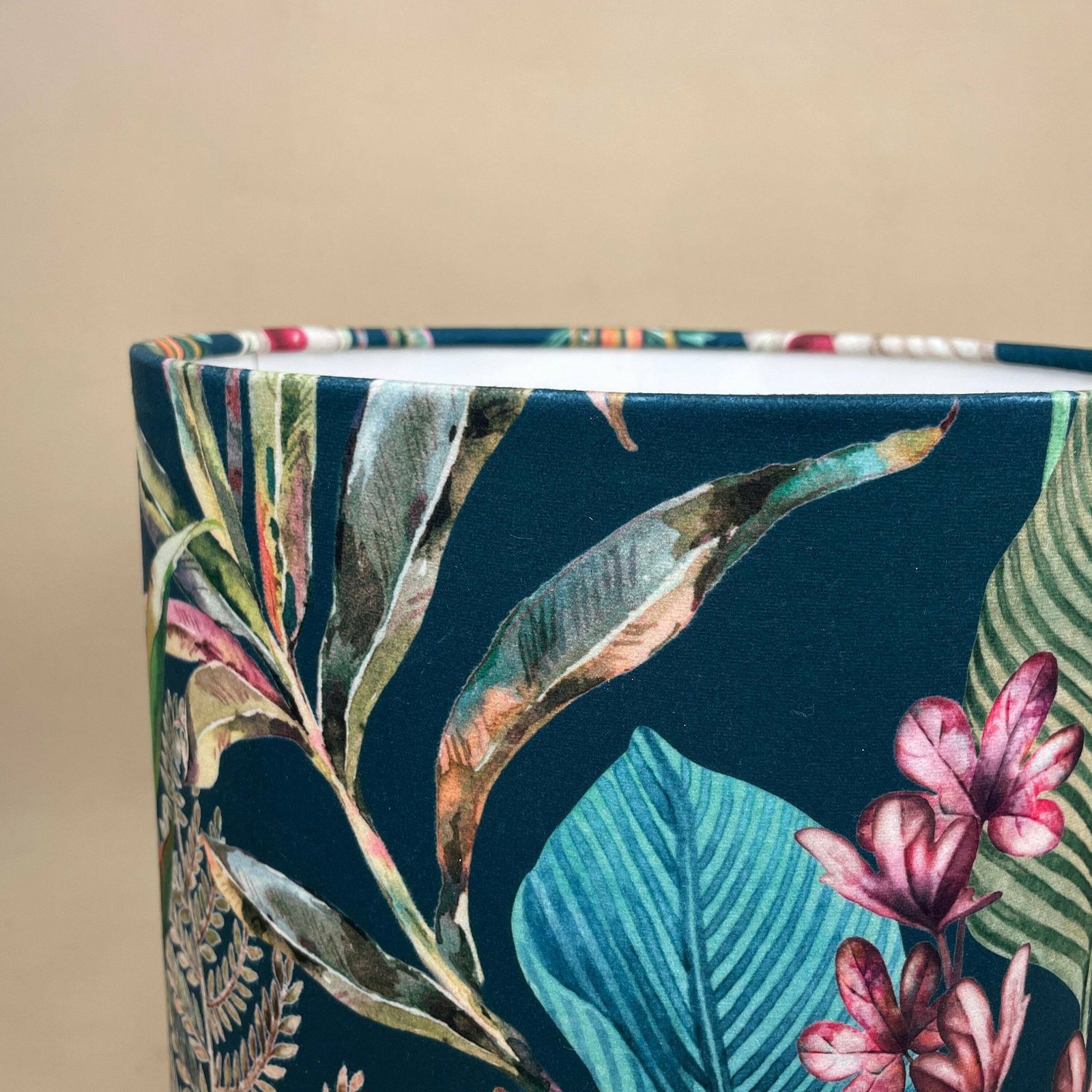 Tropical Printed Velvet Lamp Shade Lampshade Ceiling Lightshade Drum Cylinder Fabric Textile Medium Rain Forest Floral Pattern Green Blue photo Lighting