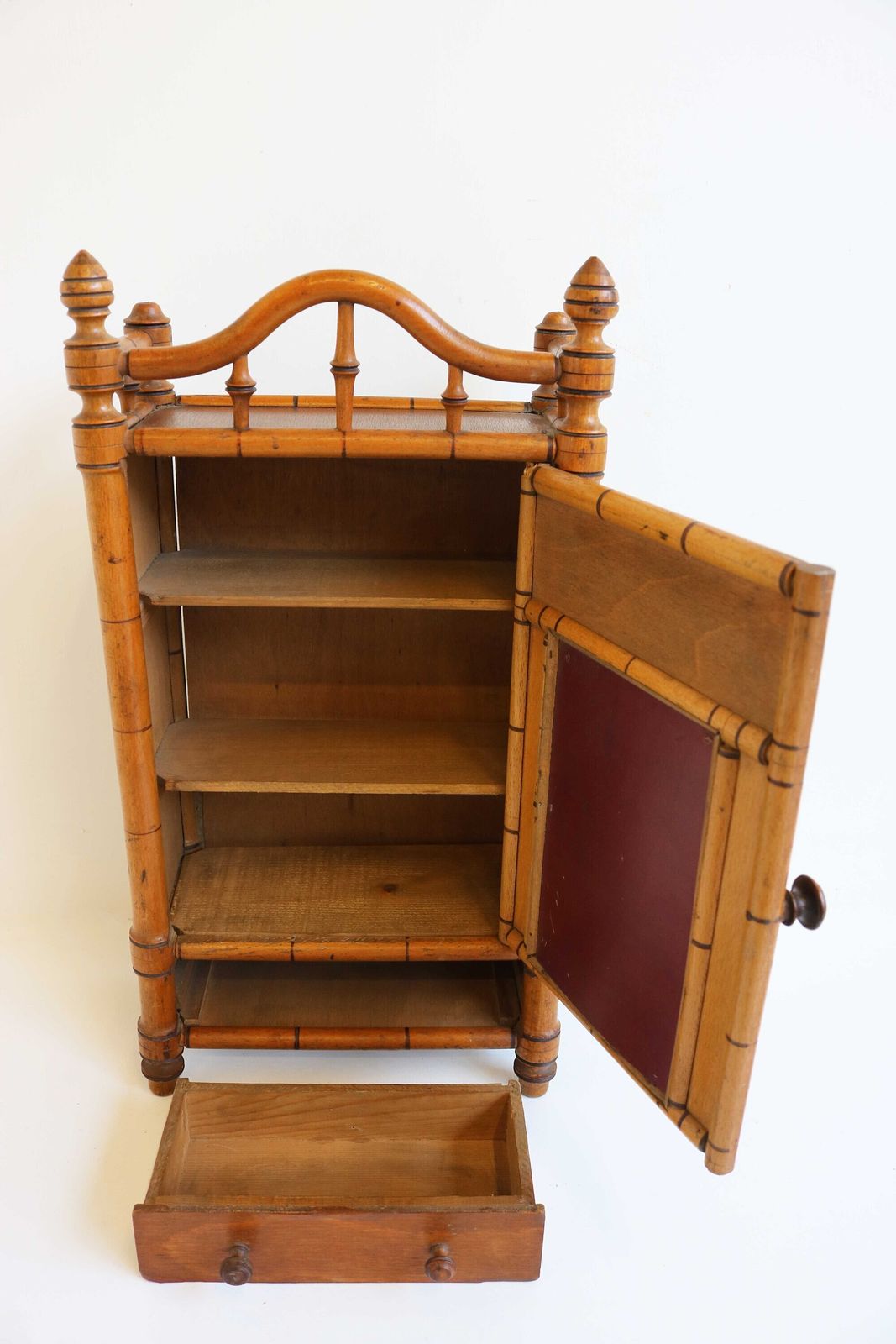 Small Antique Faux Bamboo Miniature Cabinet With Distressed Mirror French Miniature Armoire 1920s Doll's Armoir photo 490.0