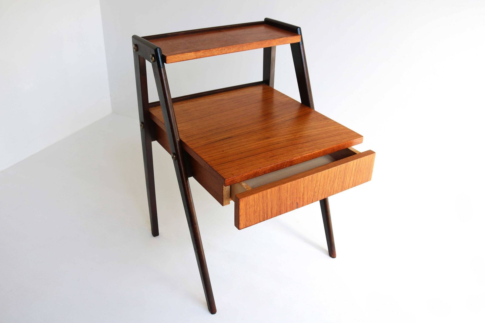 Danish Modern Teak Nightstand Mid Century End Table Compass Legs Bedside Table Two Tiers Drawer Side Table Bedside Cabinet photo vinterior