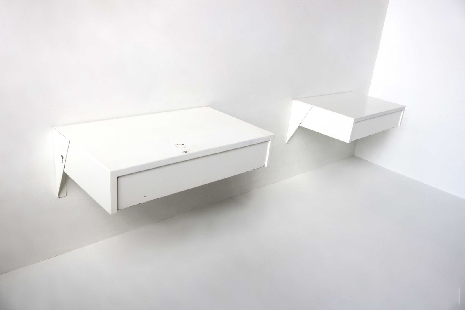 Couple Of Vintage White Wall Night Stands Model Dd01 By Martin Visser For 'T Spectrum, 1950s Pair Drawer Units Mid Century Floating Cabinets photo furniture