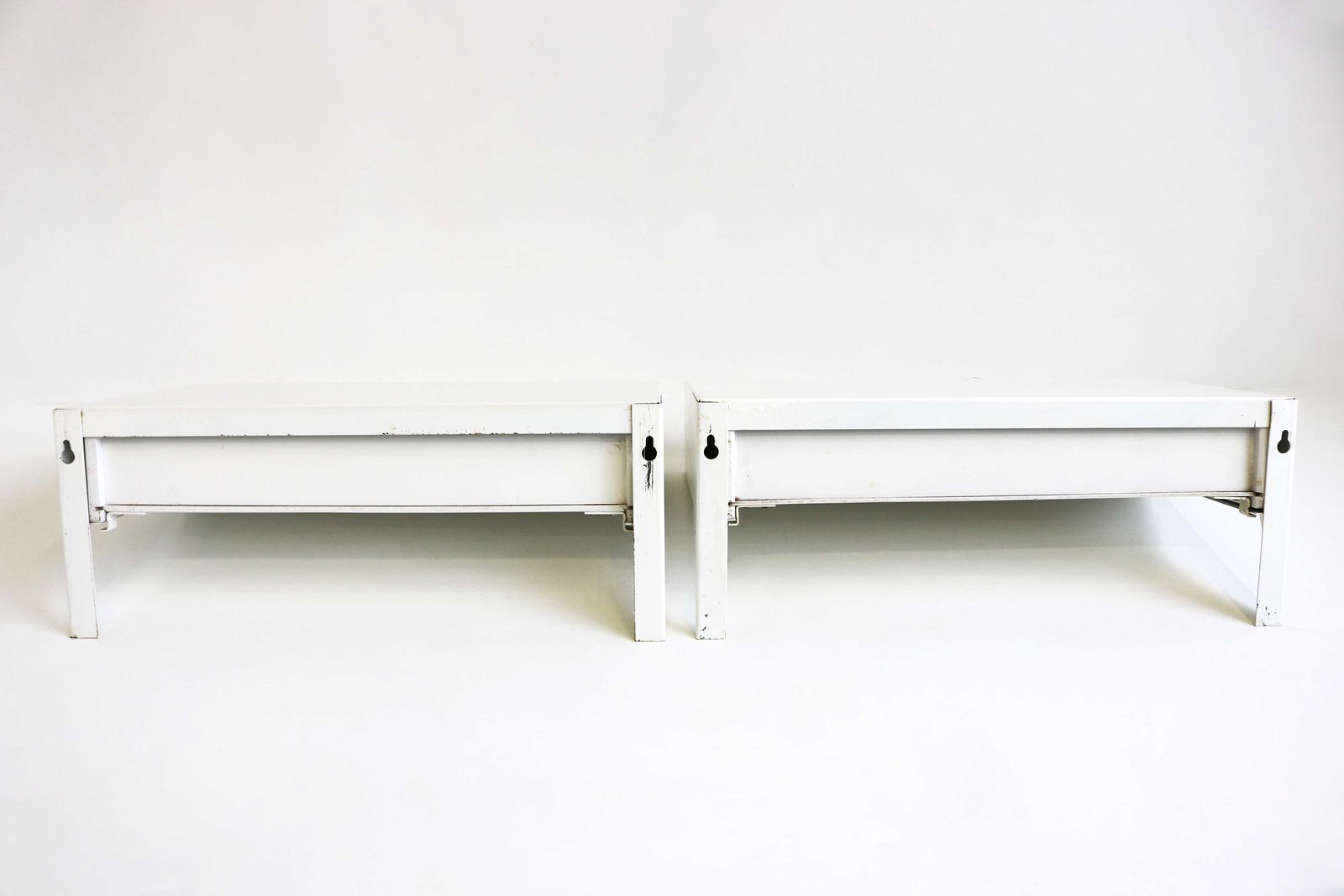 photo for sale Couple Of Vintage White Wall Night Stands Model Dd01 By Martin Visser For 'T Spectrum, 1950s Pair Drawer Units Mid Century Floating Cabinets
