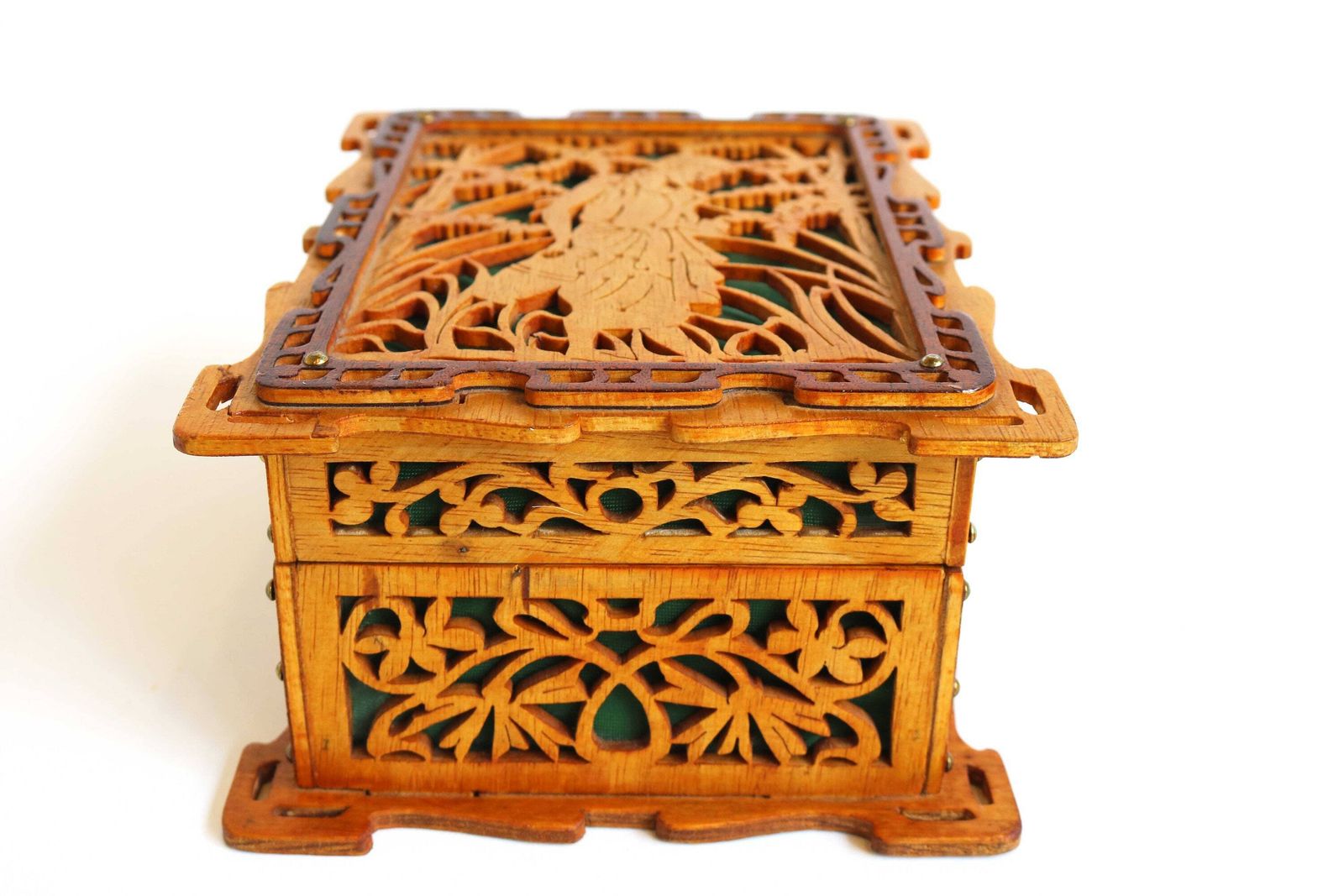 Homemade Black Forest Openwork Carved Wooden Jewelry Box 1950s Wood Storage Box Jugendstil Style Jigsawn Box Green Velvet Flower Details photo 355.0