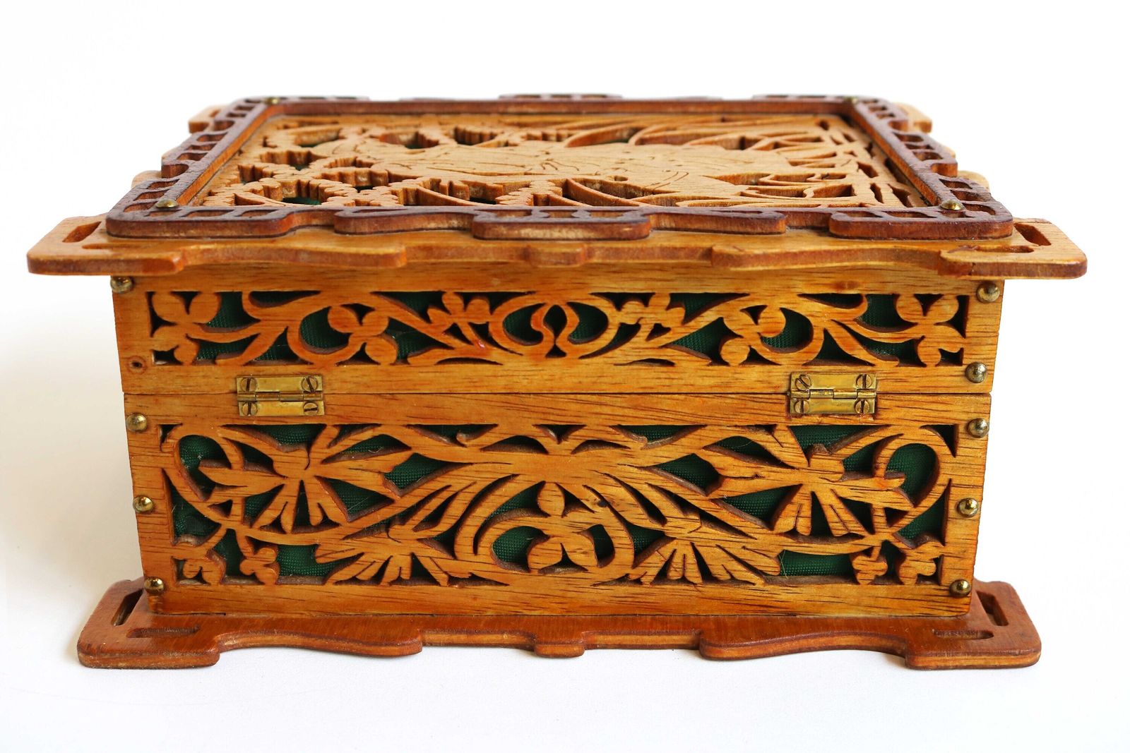 Homemade Black Forest Openwork Carved Wooden Jewelry Box 1950s Wood Storage Box Jugendstil Style Jigsawn Box Green Velvet Flower Details photo vintage