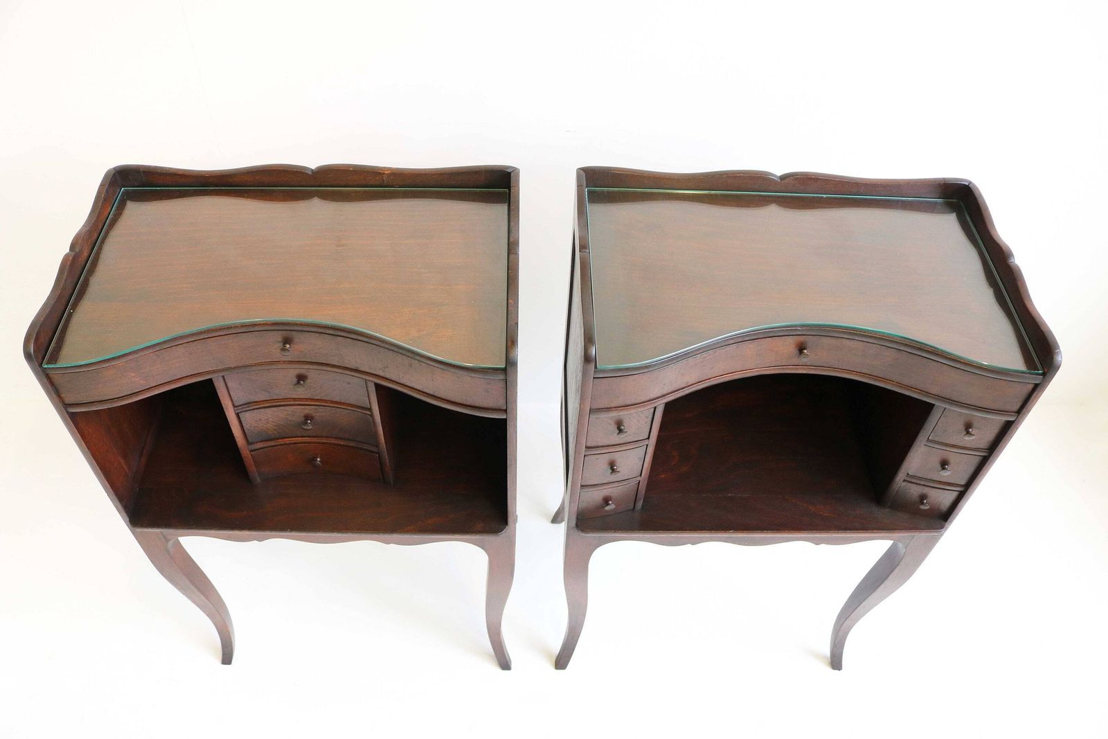 Beautiful Couple Curved French Louis XV Style 19th Century Wooden Bedside Tables With Open Shelf Small Drawers Glass On Tops Antique Style photo Furniture