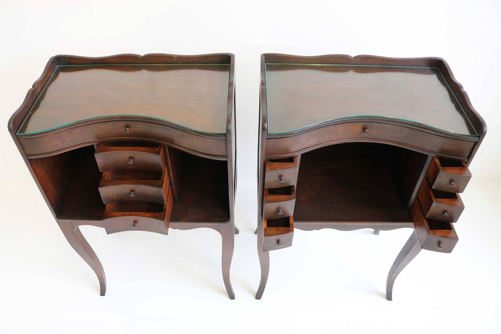 Beautiful Couple Curved French Louis XV Style 19th Century Wooden Bedside Tables With Open Shelf Small Drawers Glass On Tops Antique Style photo buy