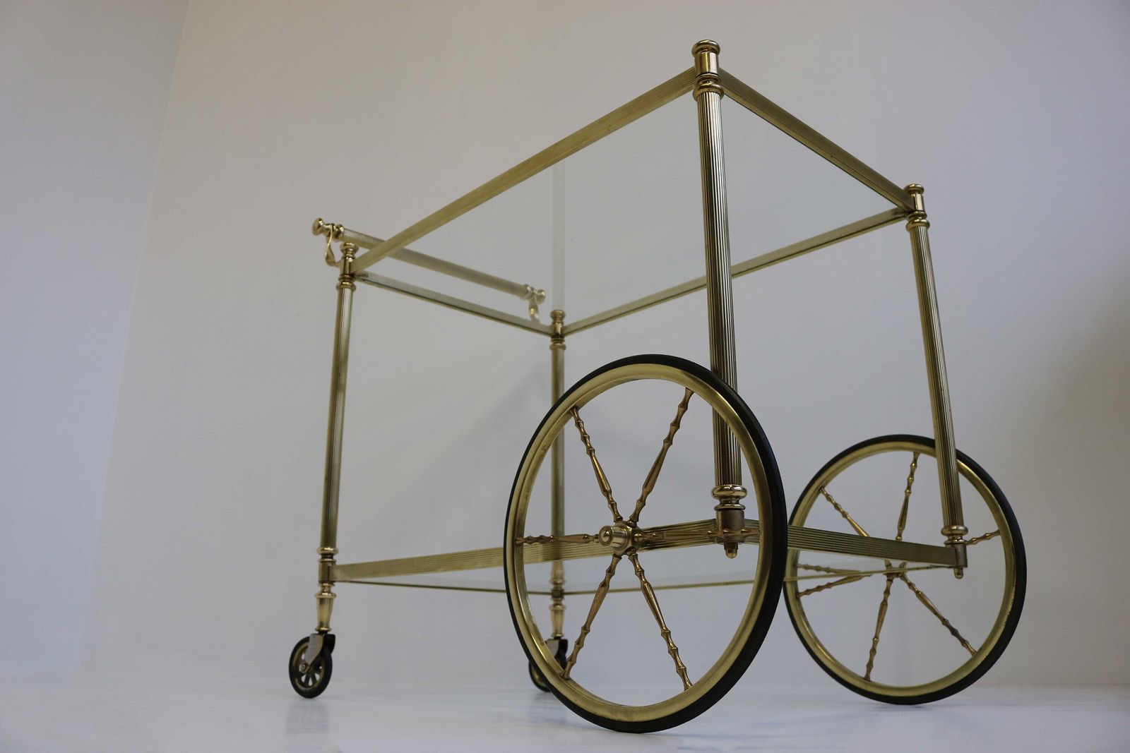 Mid Century Bar Cart Brass Serving Trolley Cocktail Entertainment Beverages Tea Cart Clear Glass Hollywood Regency 1960s photo vintage
