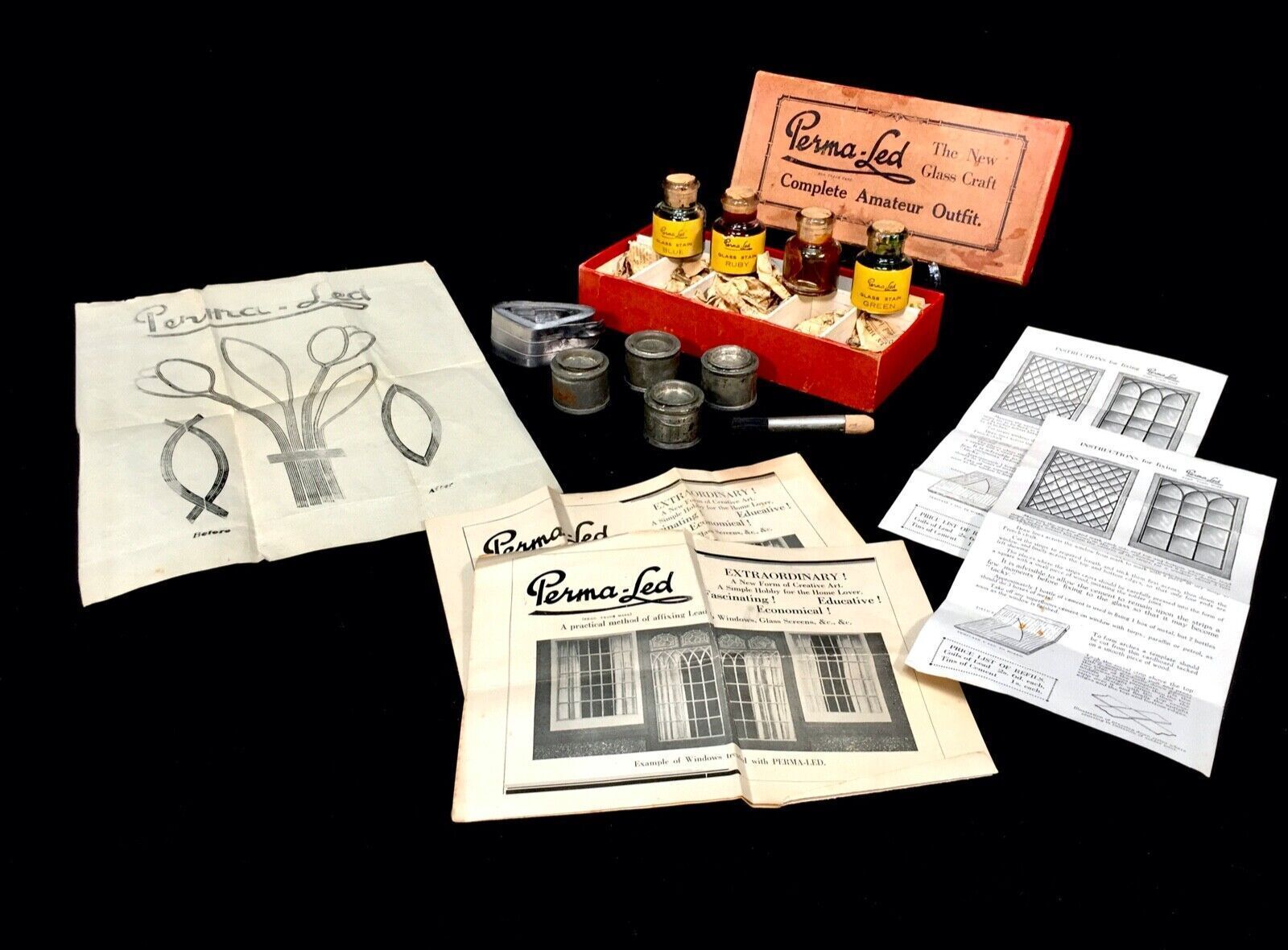 Antique 1930s Rare Perma Led Stained Glass Makers / Artists Kit Box / Lead Work