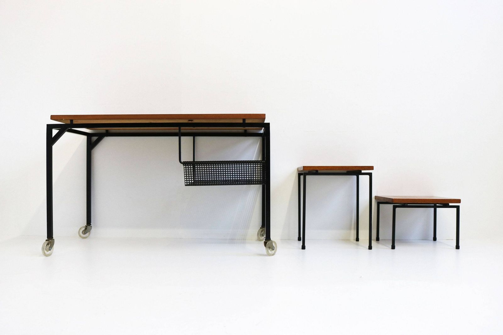 photo for sale Mid Century Teak Metal Nestingtables Minimalistic Perforated Iron Sidetables Magazine Table Retro 1960 Design Cees Braakman Pastoe Style