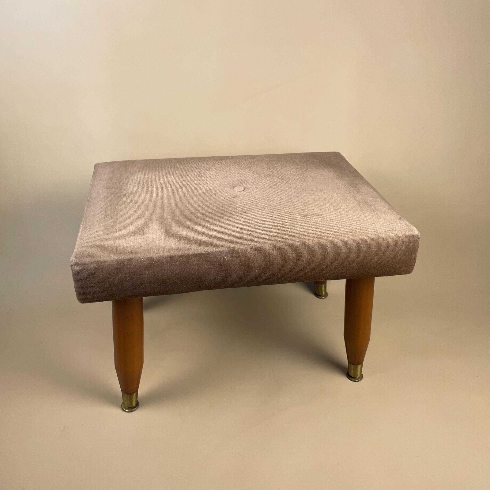 Antique Velvet Wooden Stool Wood Cottage Furniture Rectangle Taupe Hallway Farmhouse Seat 33x47x36cm Footstool Foot Retro Pin Legs
