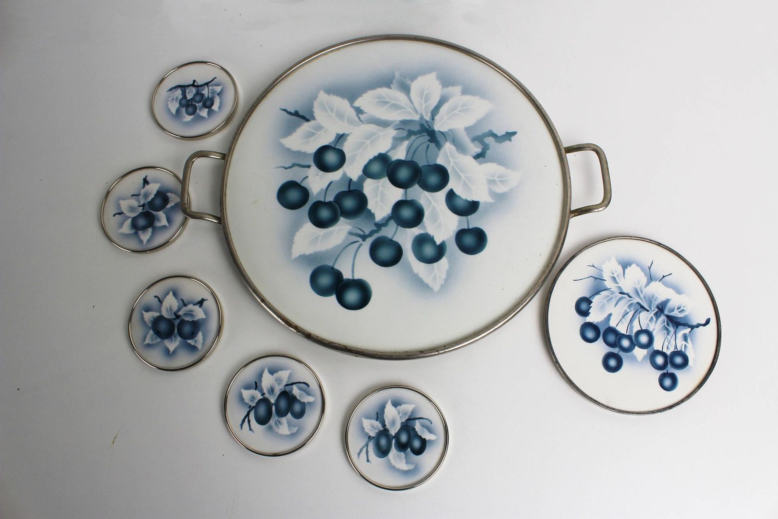 Antique Pottery Transferware Serving Tray Set Cake Platter And Coasters Grapes Delft Blue 1910 1920 photo 247.0