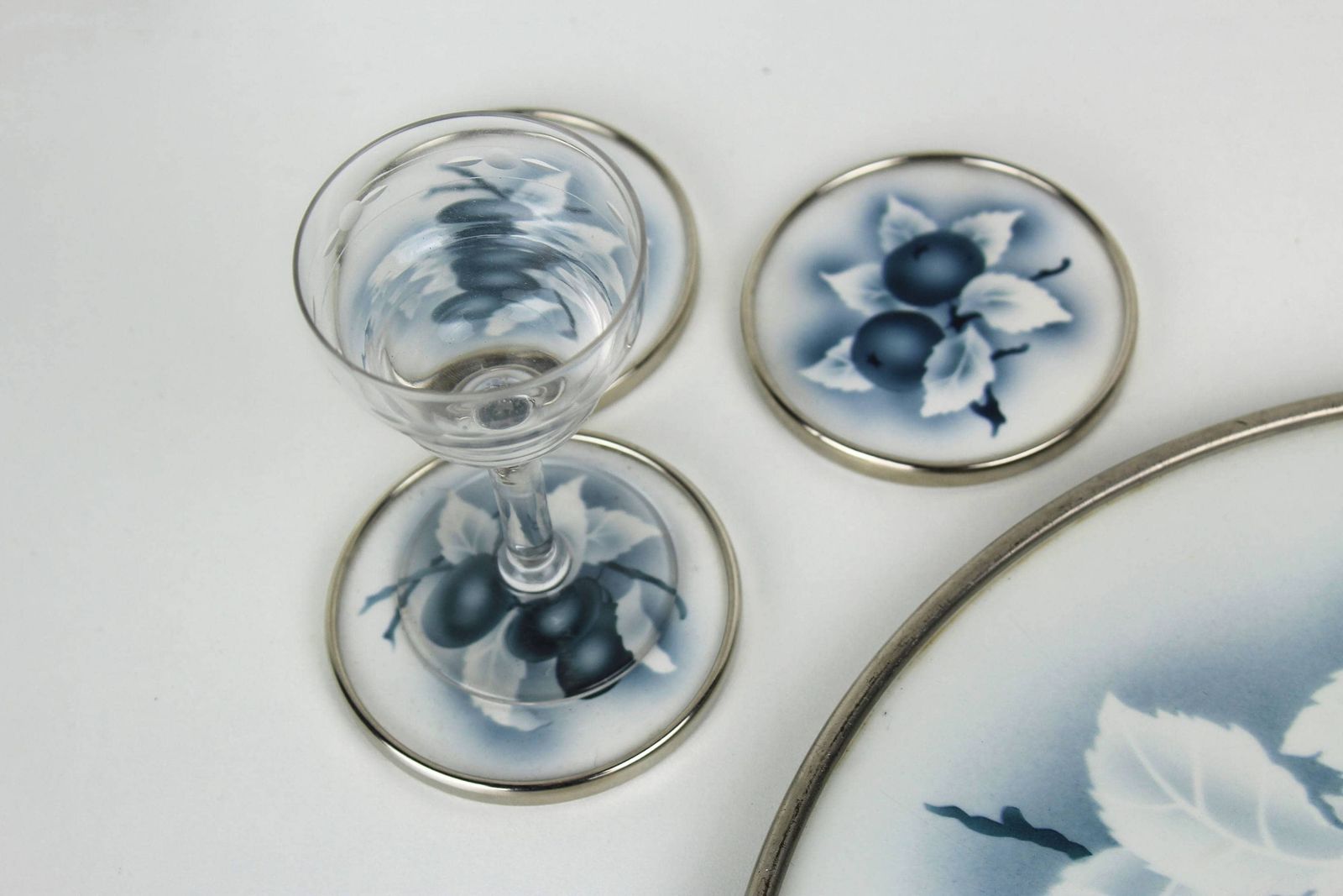 Antique Pottery Transferware Serving Tray Set Cake Platter And Coasters Grapes Delft Blue 1910 1920 photo vintage