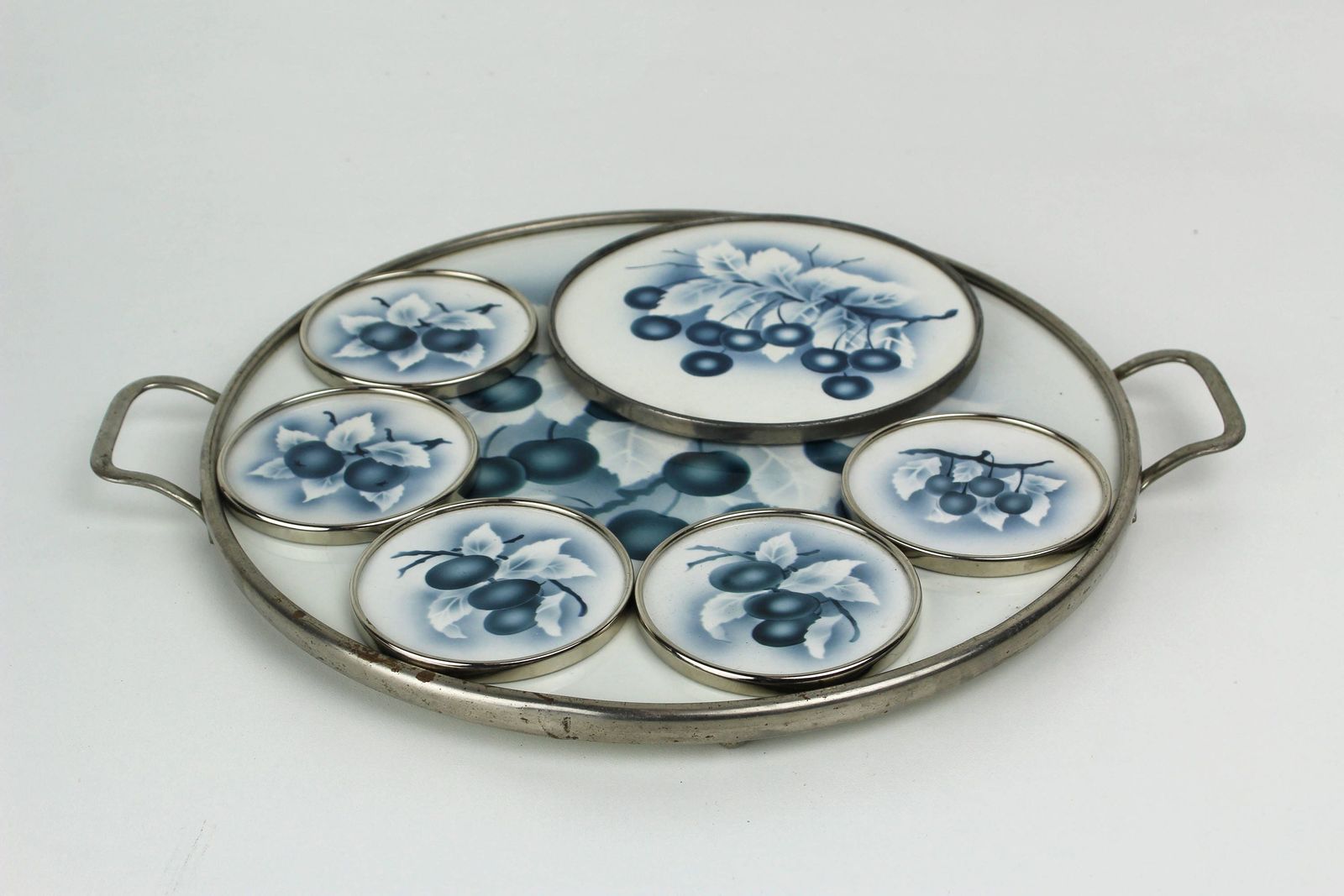 photo for sale Antique Pottery Transferware Serving Tray Set Cake Platter And Coasters Grapes Delft Blue 1910 1920