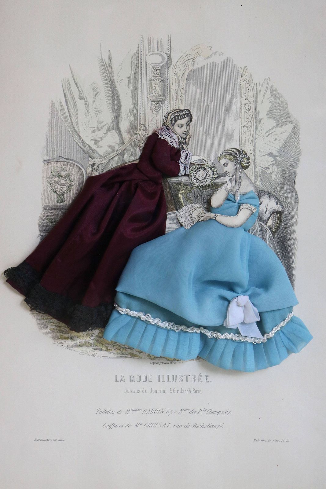 Couple Of Decorative Antique French La Mode Illustree Paris Fabric Embellished Victorian 3d Shadow Box Dress Fashion Print Ladies Romantic photo Art