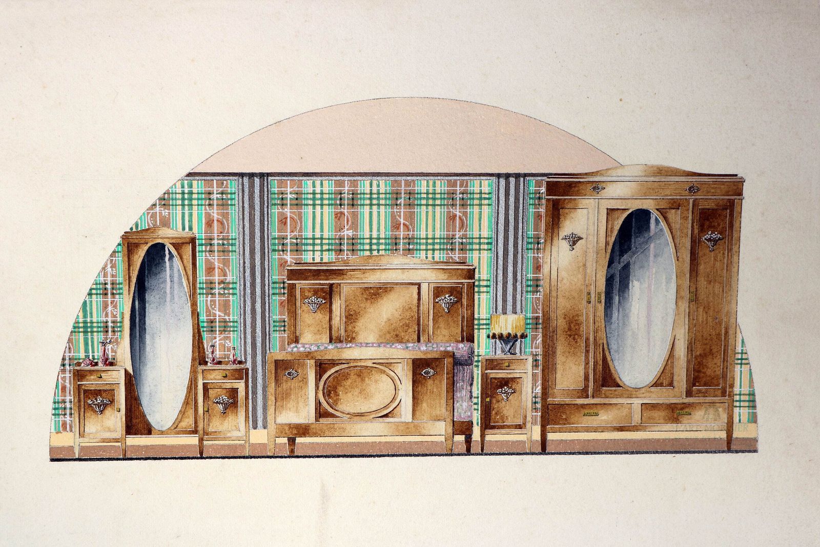 Art Deco Watercolor Drawing ,Furniture Designer,Furniture Factory Làrt Mobilier In Bruges Hand Made Special 1920 1930